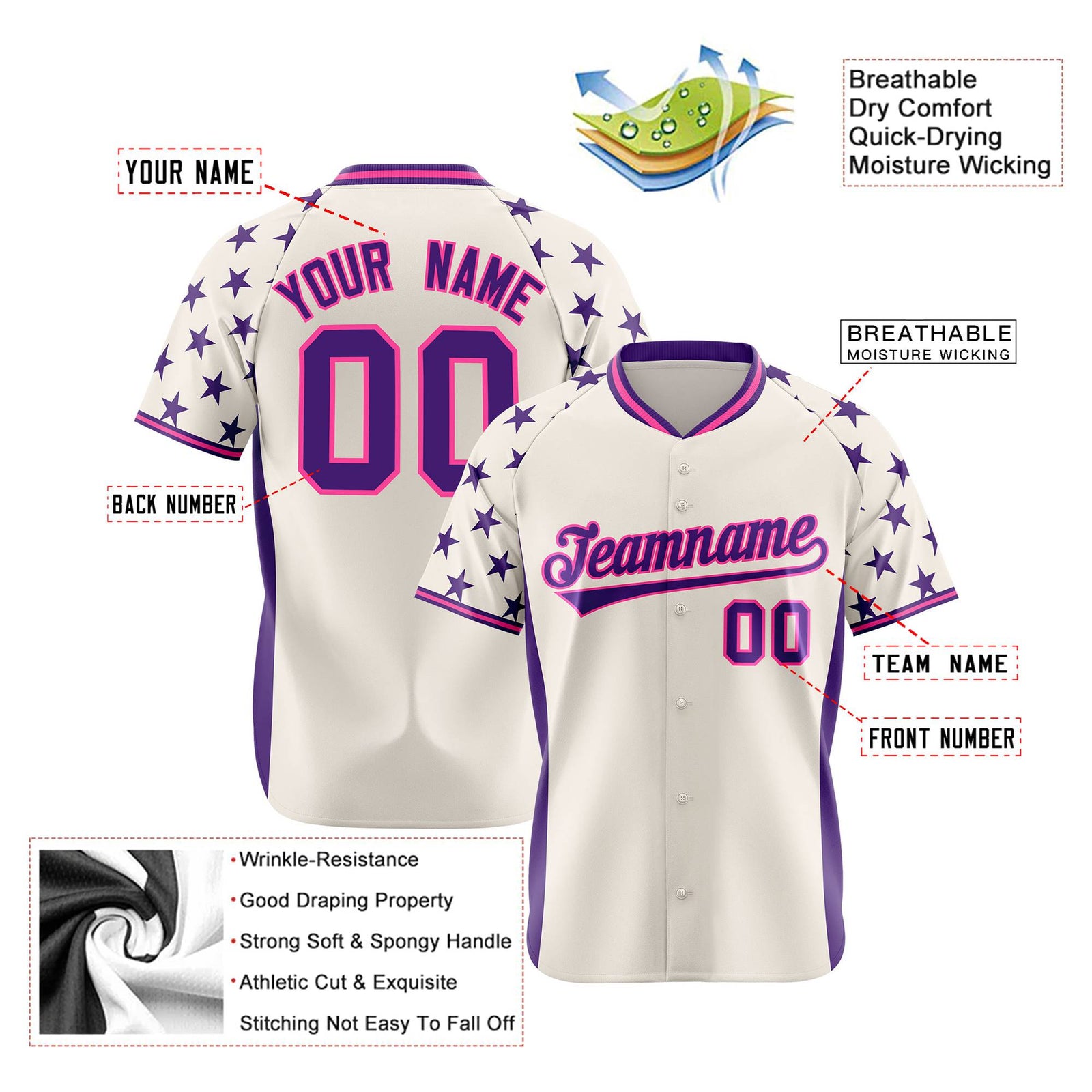 Custom Gream Purple Gradient Side Personalized Star Pattern Authentic Baseball Jersey