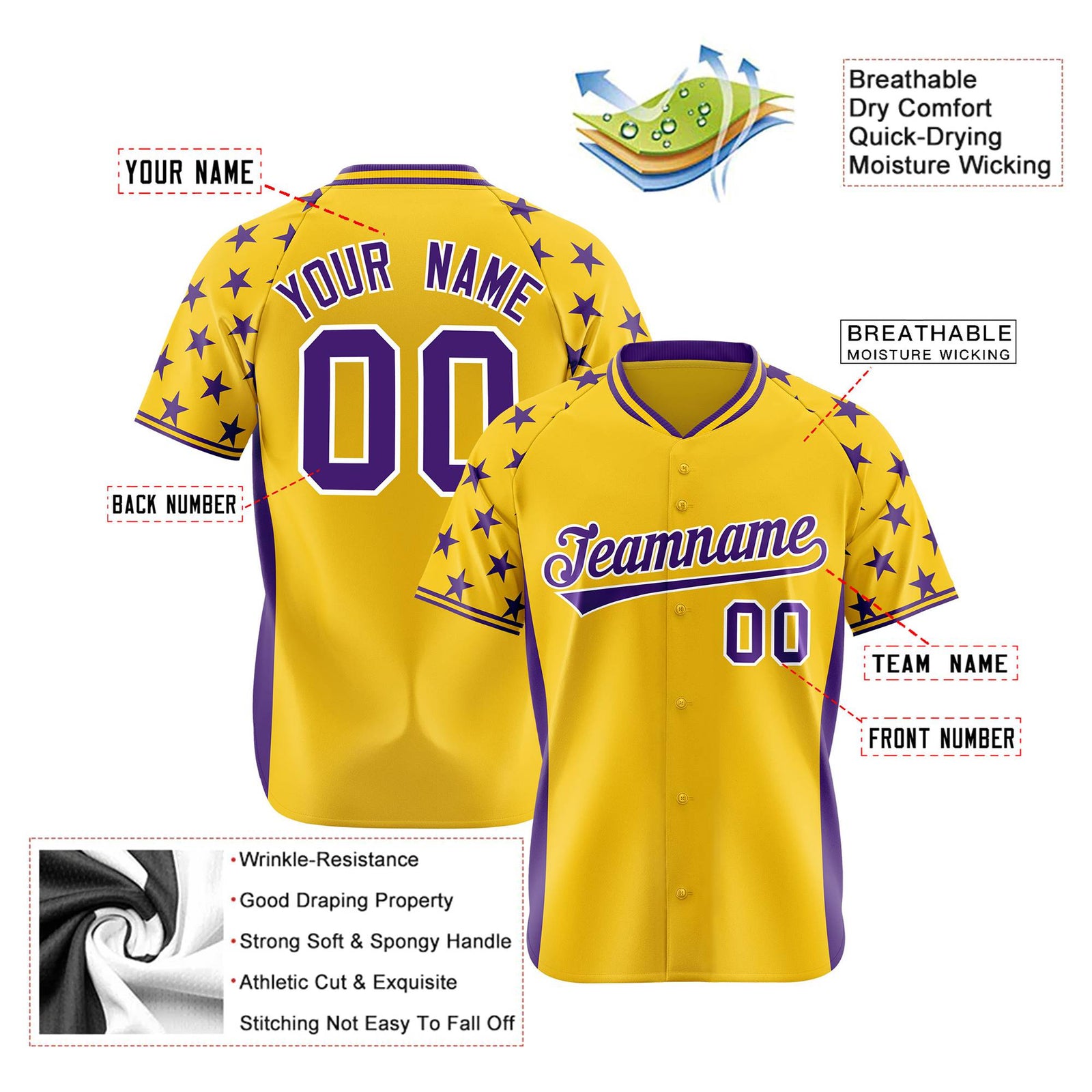 Custom Gold Purple Gradient Side Personalized Star Pattern Authentic Baseball Jersey