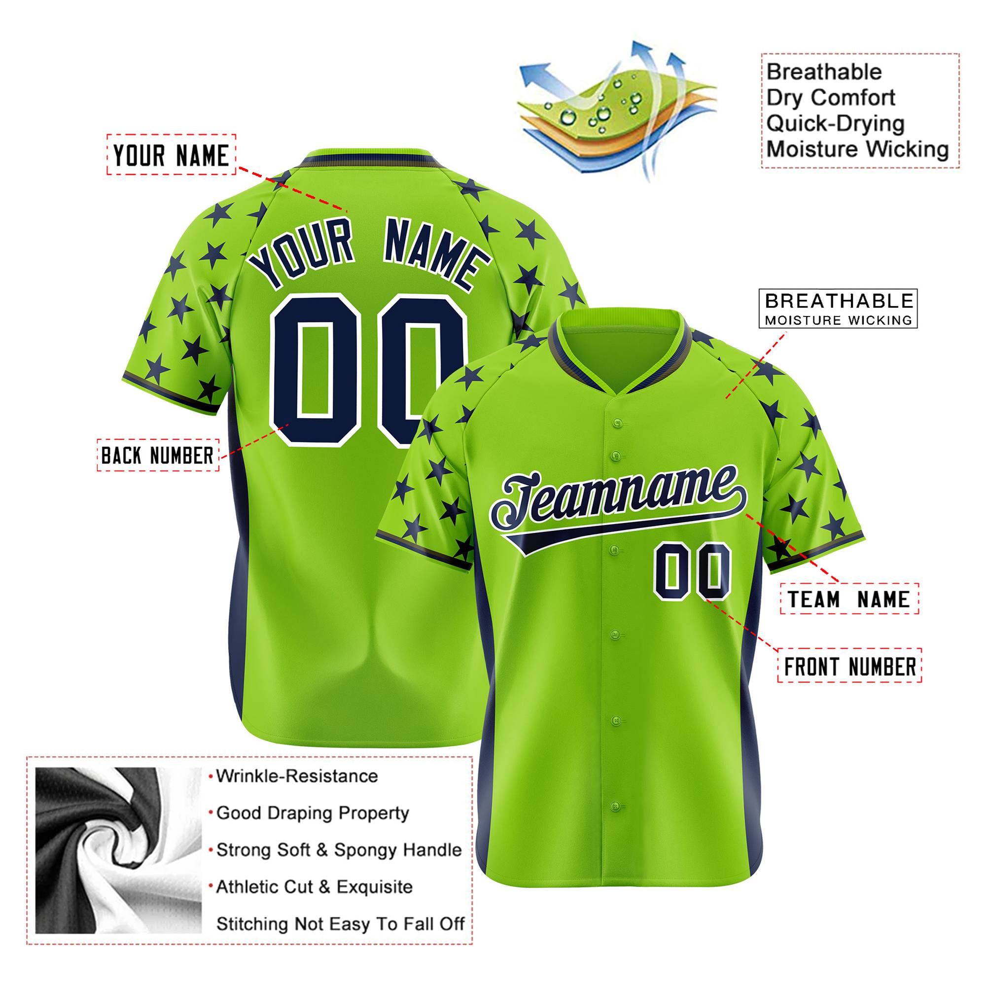 Custom Neon Green Navy Gradient Side Personalized Star Pattern Authentic Baseball Jersey