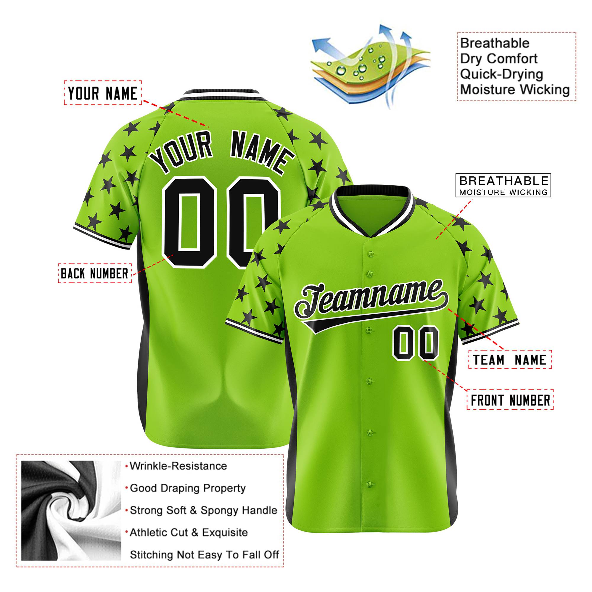 Custom Neon Green Black Gradient Side Personalized Star Pattern Authentic Baseball Jersey