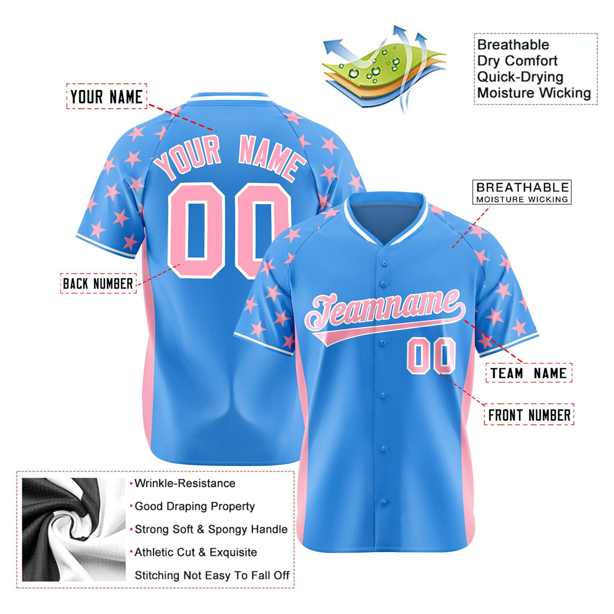 Custom Powder Blue Light Pink Gradient Side Personalized Star Pattern Authentic Baseball Jersey