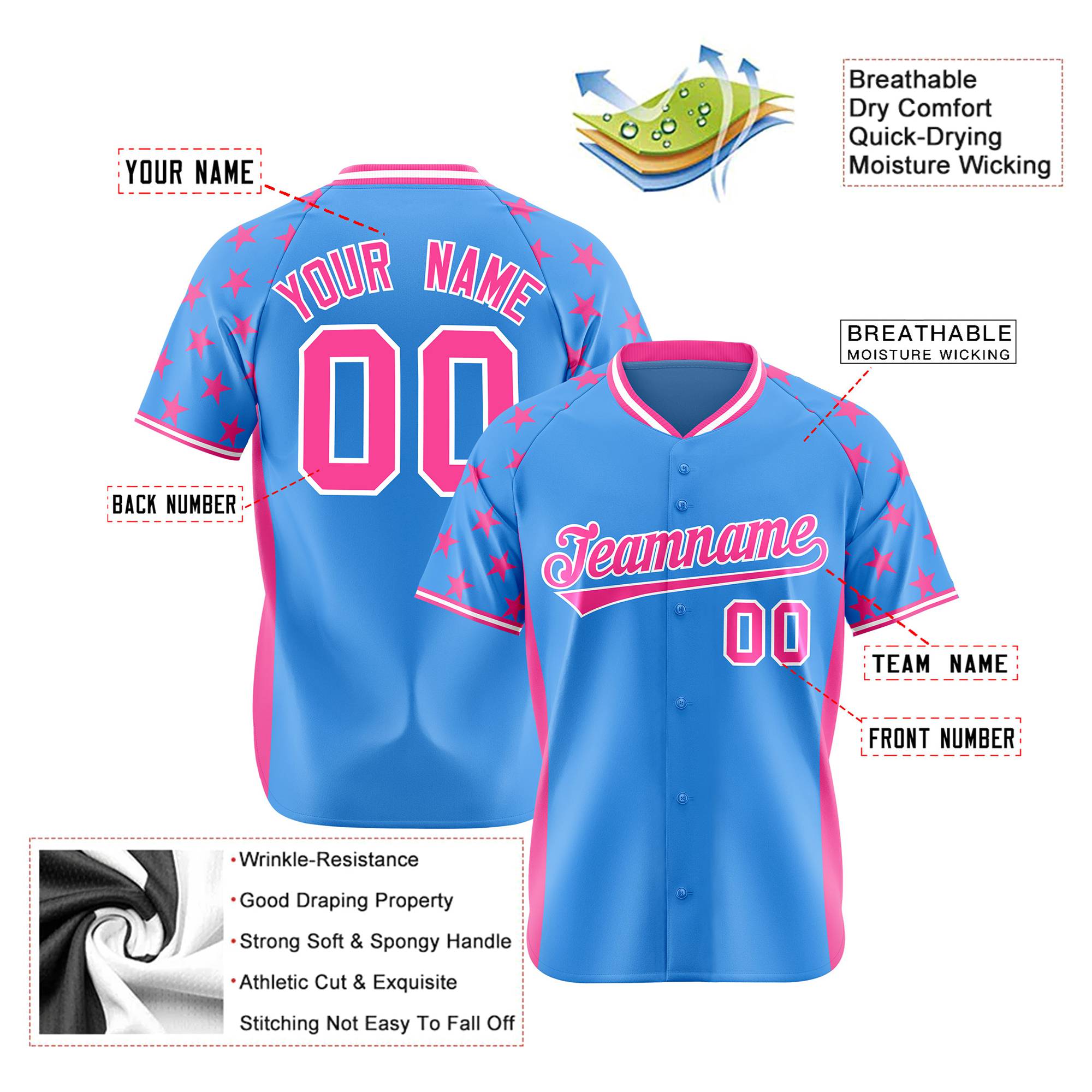 Custom Powder Blue Pink Gradient Side Personalized Star Pattern Authentic Baseball Jersey