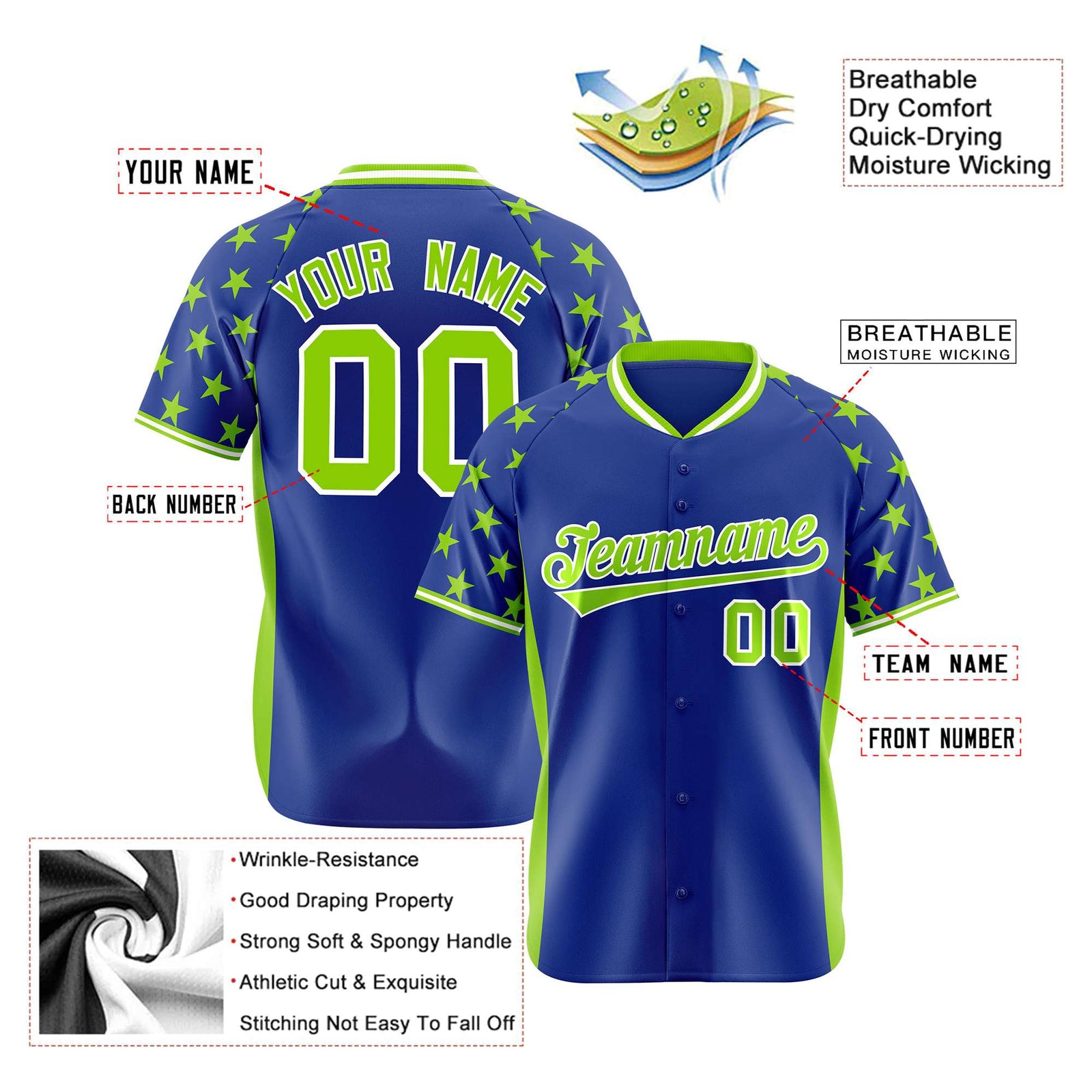 Custom Royal Blue Neon Green Gradient Side Personalized Star Pattern Authentic Baseball Jersey