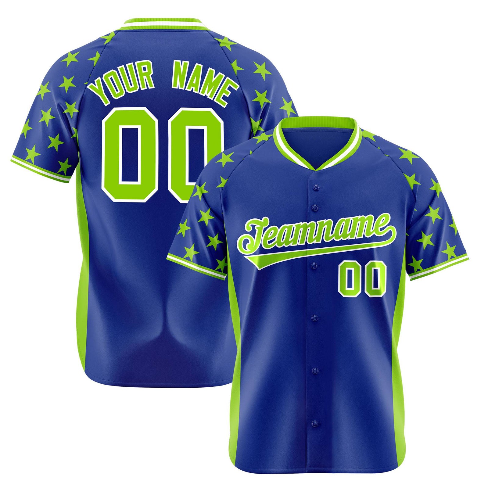 Custom Royal Blue Neon Green Gradient Side Personalized Star Pattern Authentic Baseball Jersey