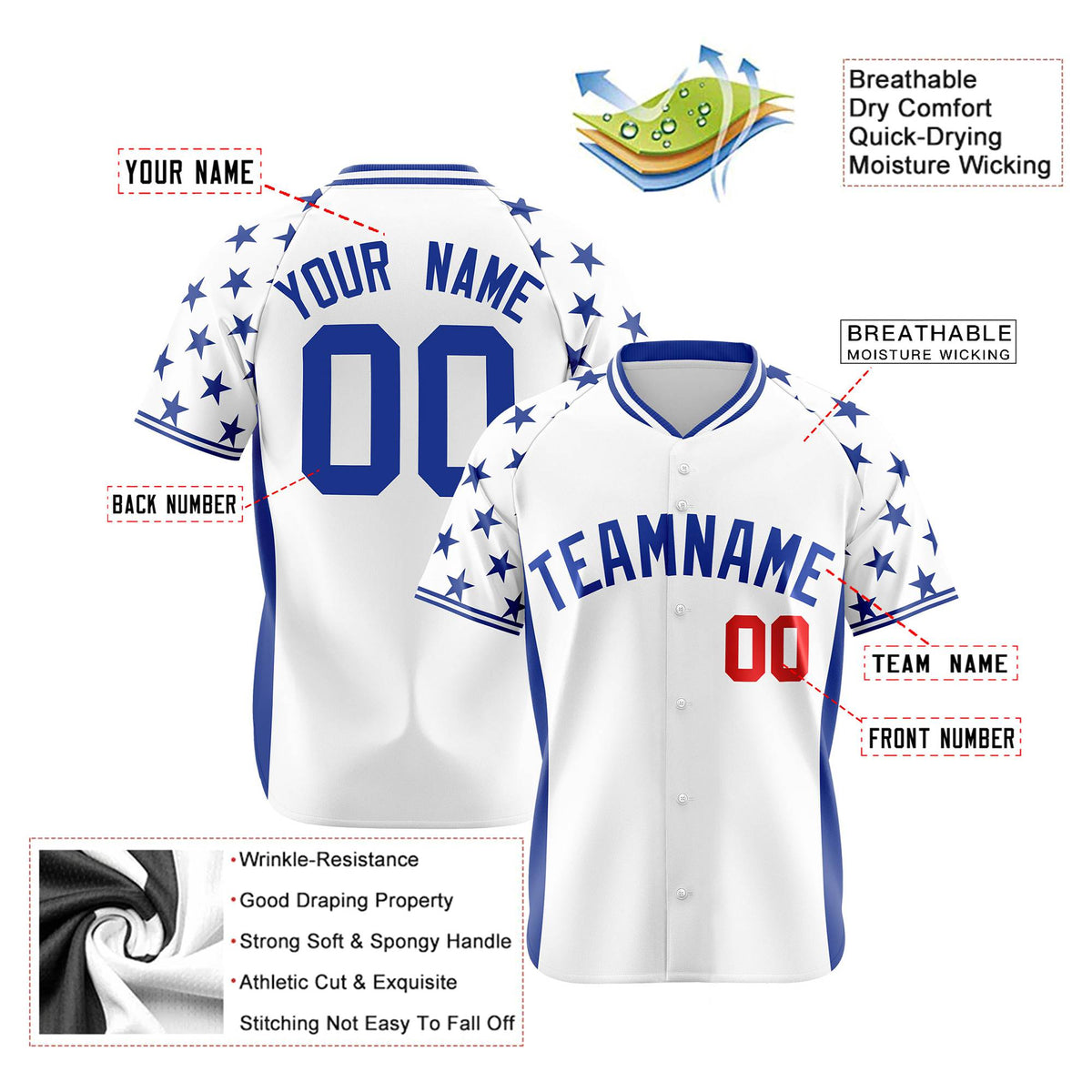 Custom White Royal Blue Gradient Side Personalized Star Pattern Authentic Baseball Jersey