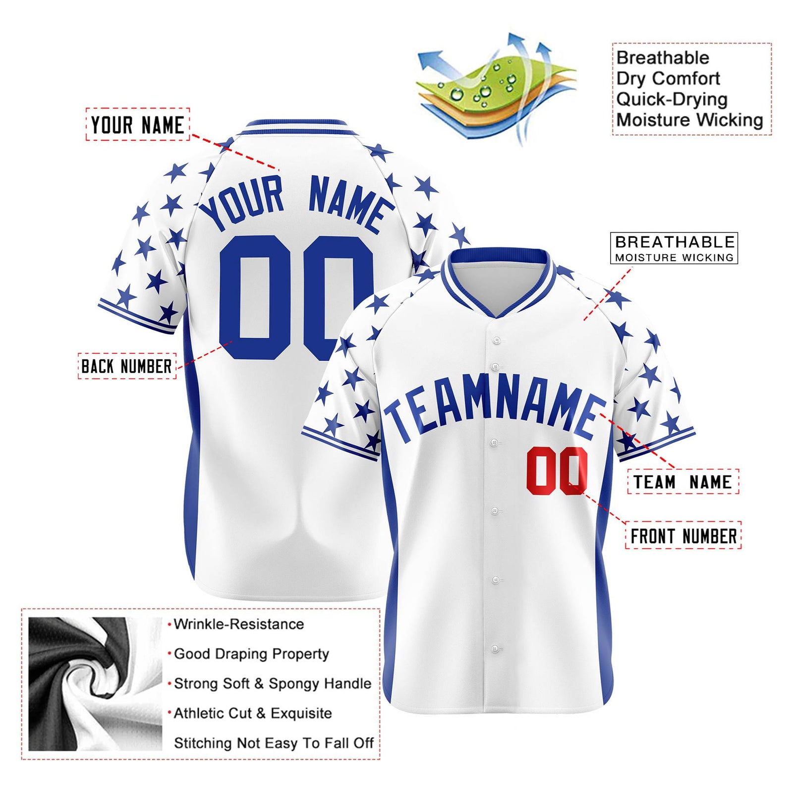Custom White Royal Blue Gradient Side Personalized Star Pattern Authentic Baseball Jersey