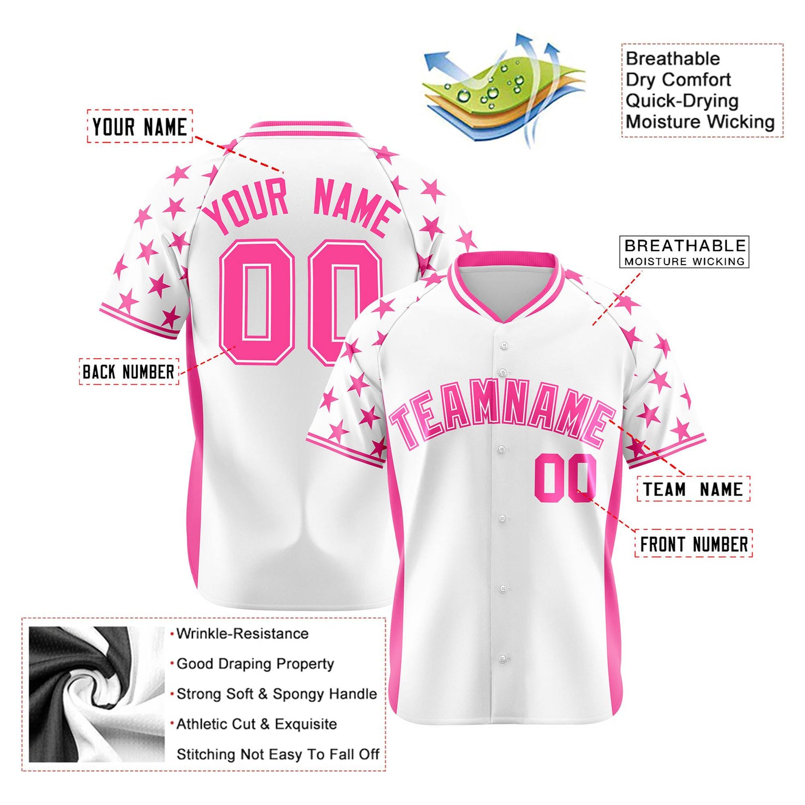 Custom White Pink Gradient Side Personalized Star Pattern Authentic Baseball Jersey