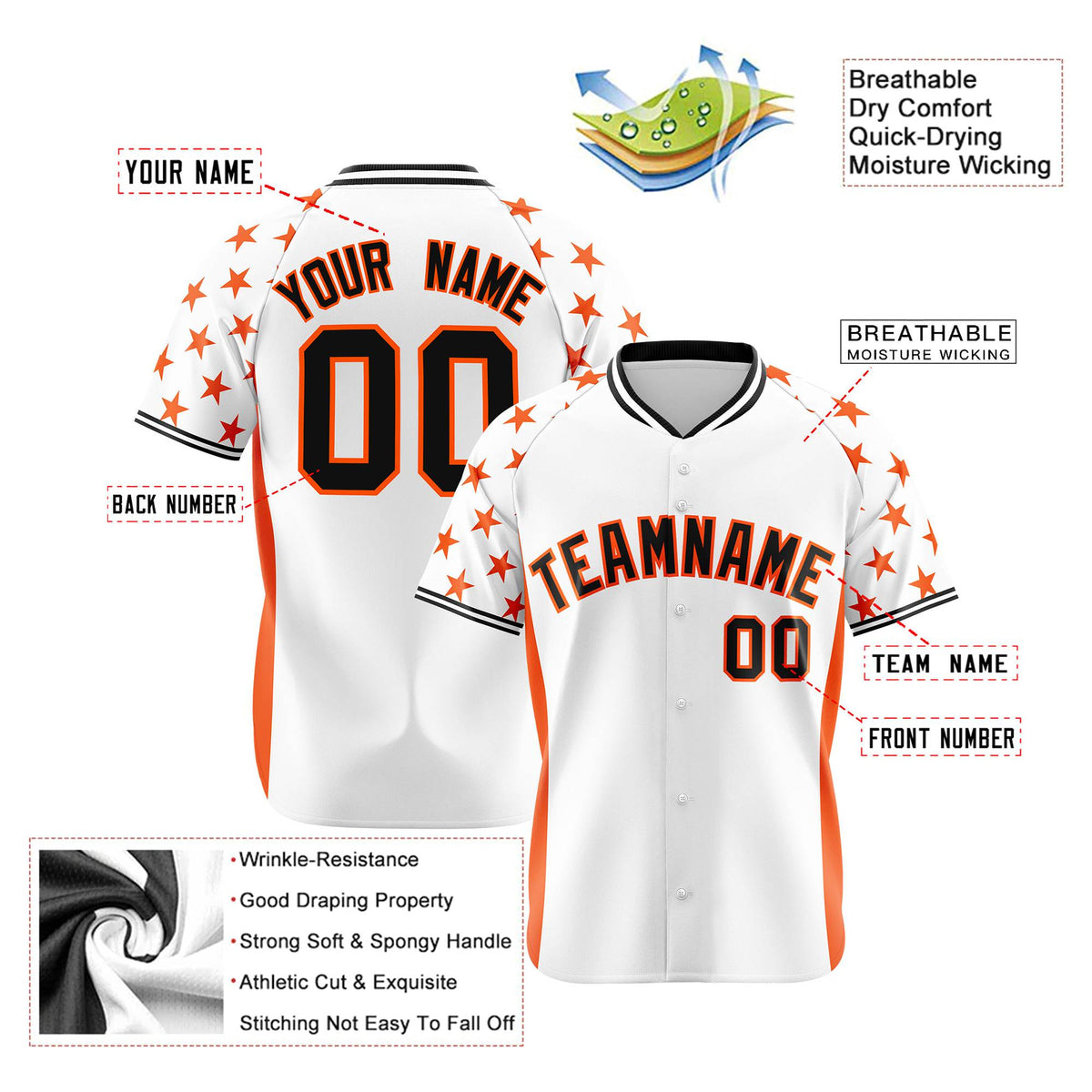 Custom White Orange Gradient Side Personalized Star Pattern Authentic Baseball Jersey