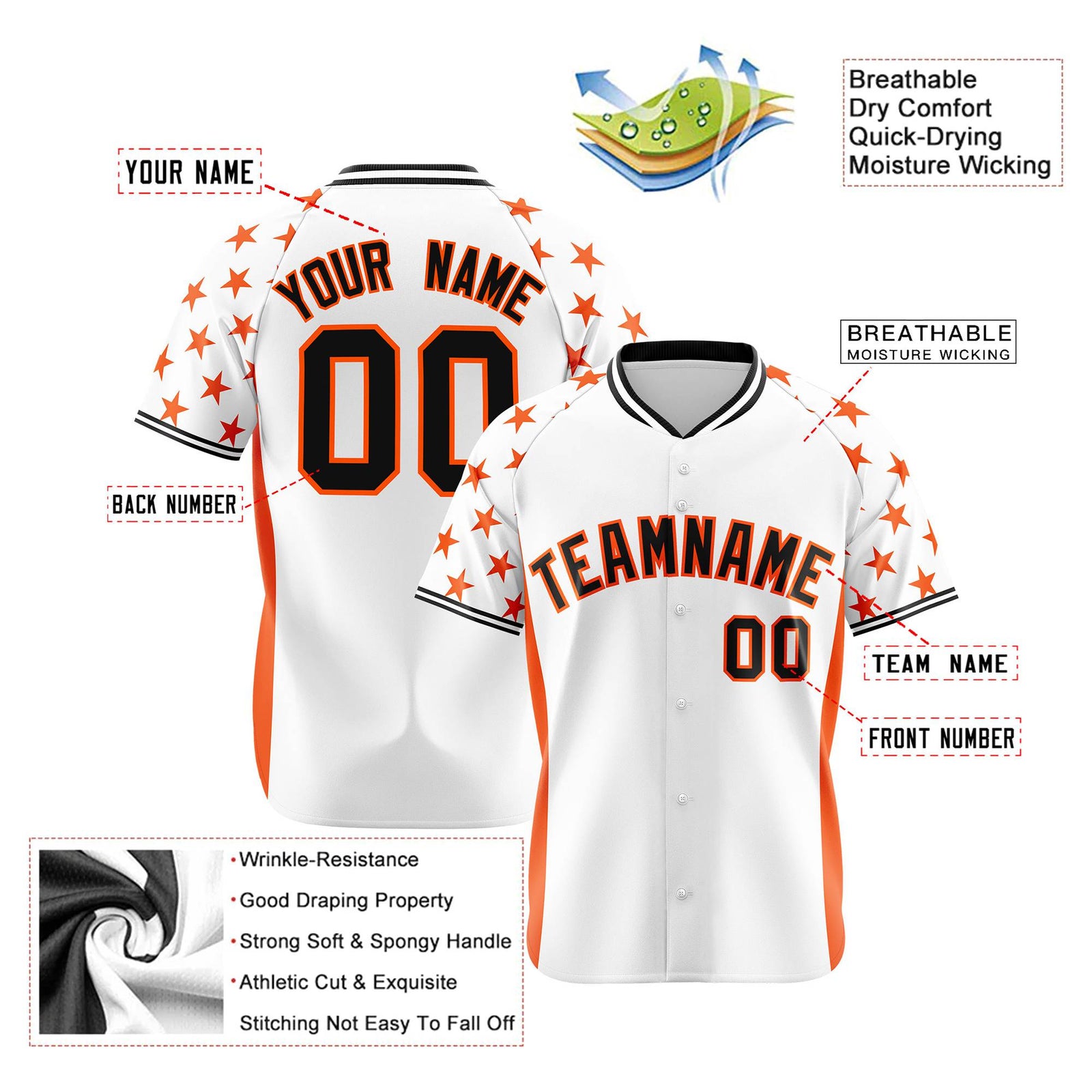 Custom White Orange Gradient Side Personalized Star Pattern Authentic Baseball Jersey