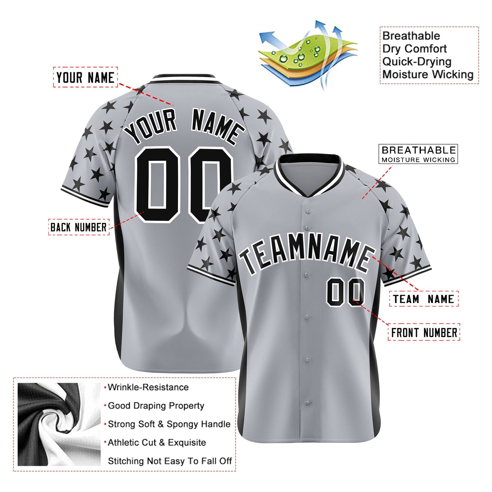 Custom Gray Black Gradient Side Personalized Star Pattern Authentic Baseball Jersey