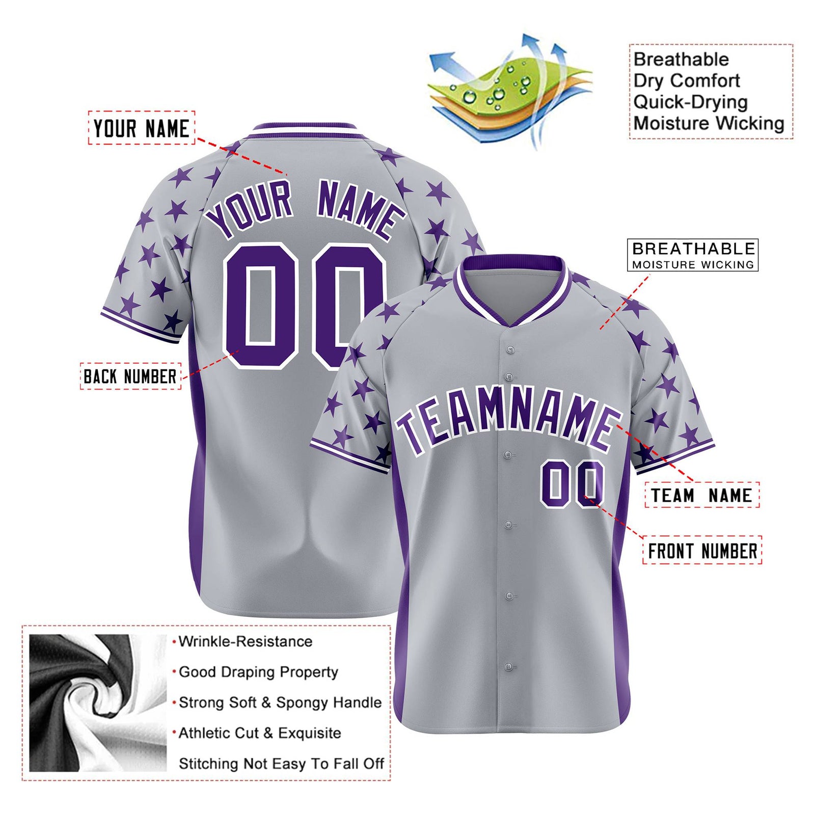 Custom Gray Purple Gradient Side Personalized Star Pattern Authentic Baseball Jersey