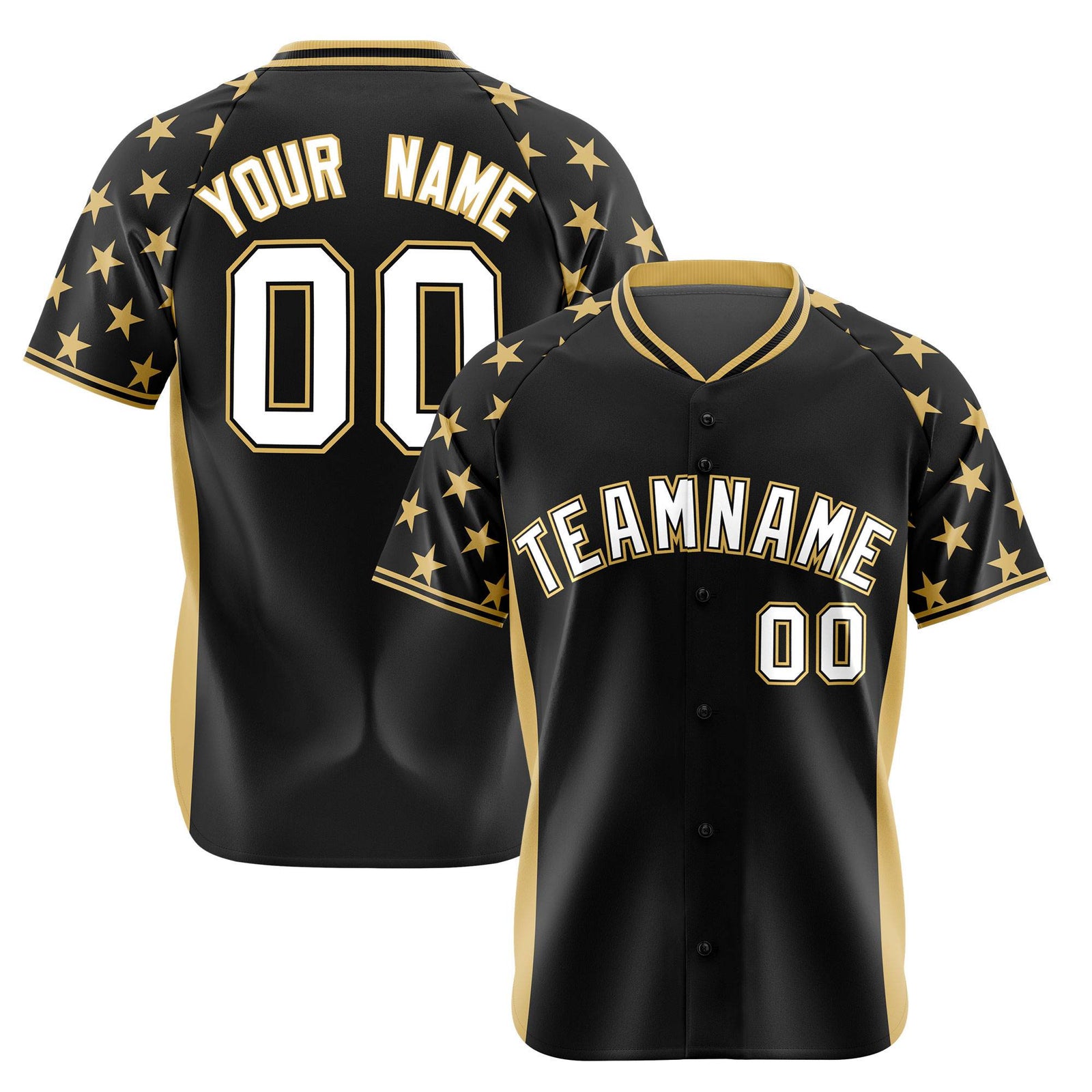 Custom Black Old Gold Gradient Side Personalized Star Pattern Authentic Baseball Jersey
