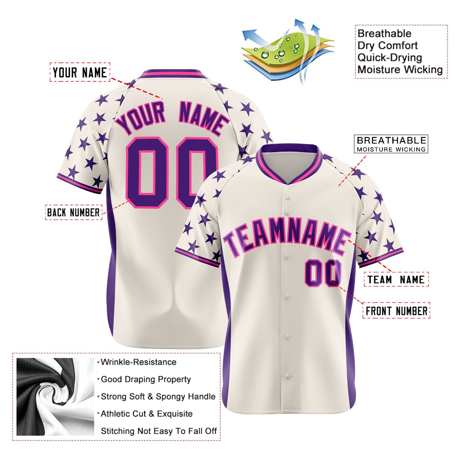 Custom Gream Purple Gradient Side Personalized Star Pattern Authentic Baseball Jersey