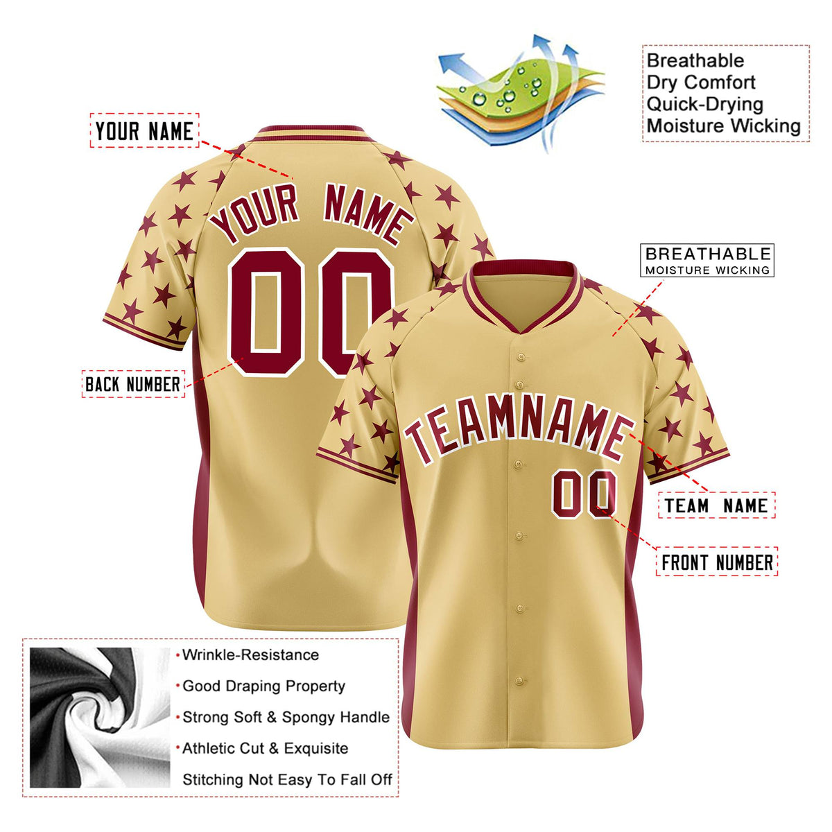 Custom Khaki Crimson Gradient Side Personalized Star Pattern Authentic Baseball Jersey