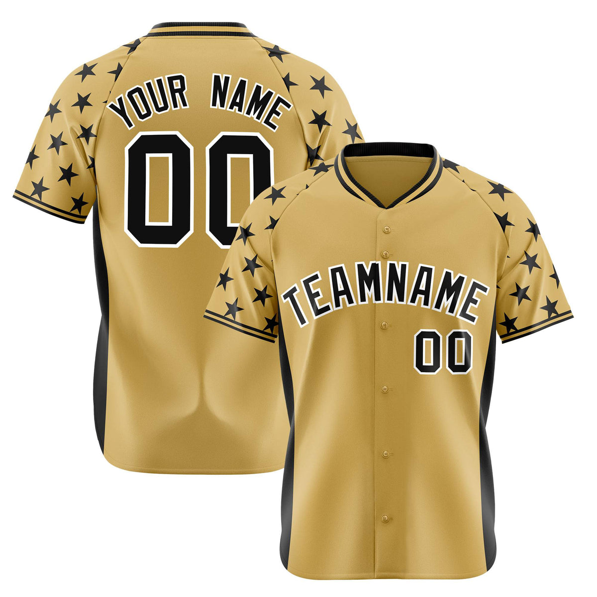 Custom Khaki Black Gradient Side Personalized Star Pattern Authentic Baseball Jersey
