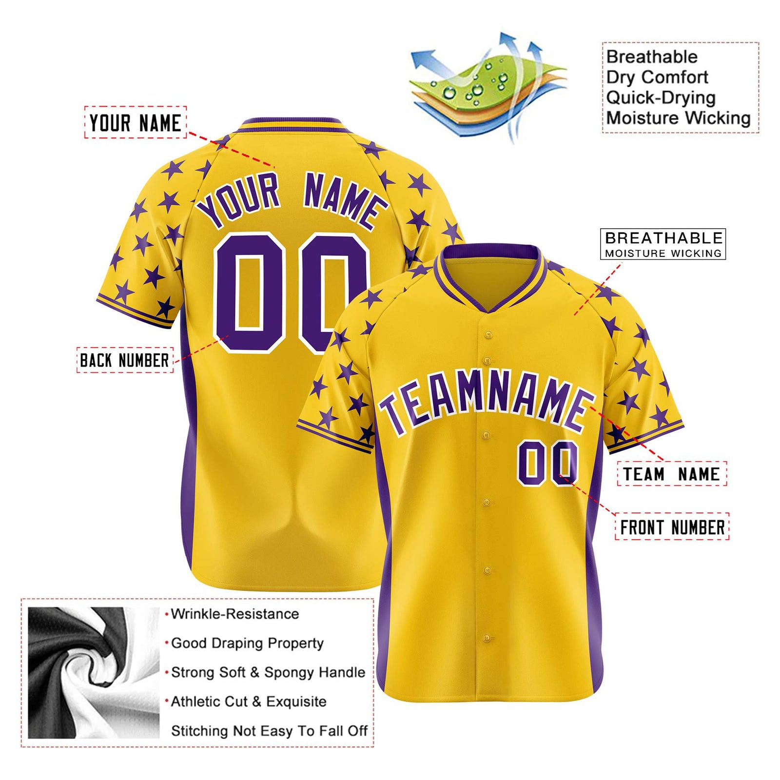 Custom Gold Purple Gradient Side Personalized Star Pattern Authentic Baseball Jersey