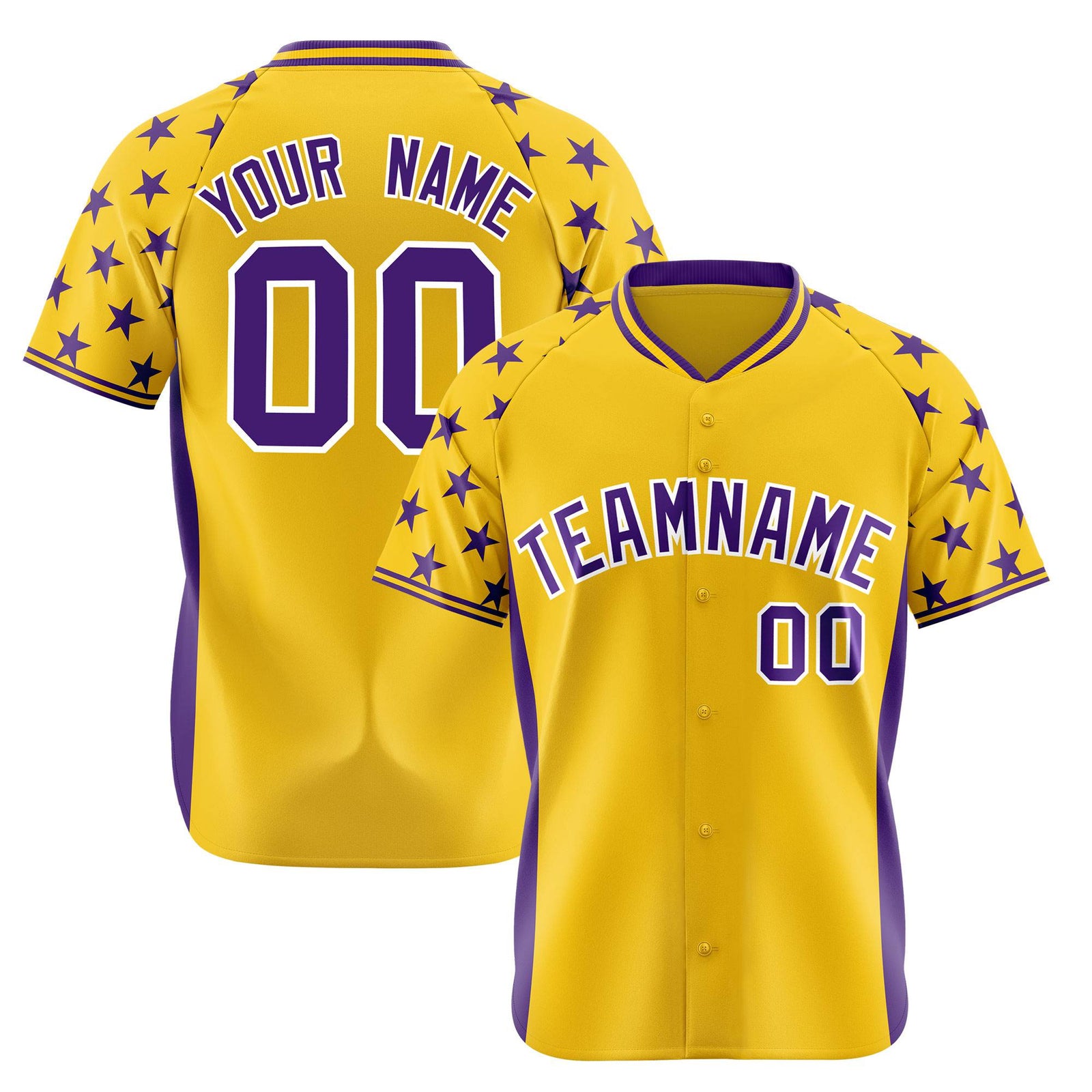 Custom Gold Purple Gradient Side Personalized Star Pattern Authentic Baseball Jersey