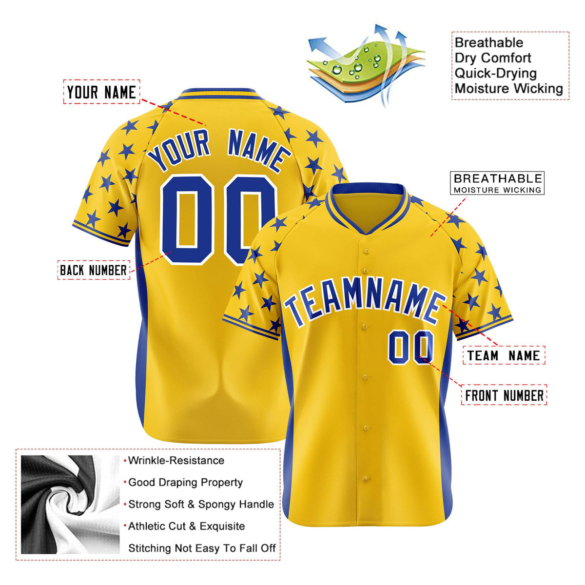 Custom Gold Royal Blue Gradient Side Personalized Star Pattern Authentic Baseball Jersey