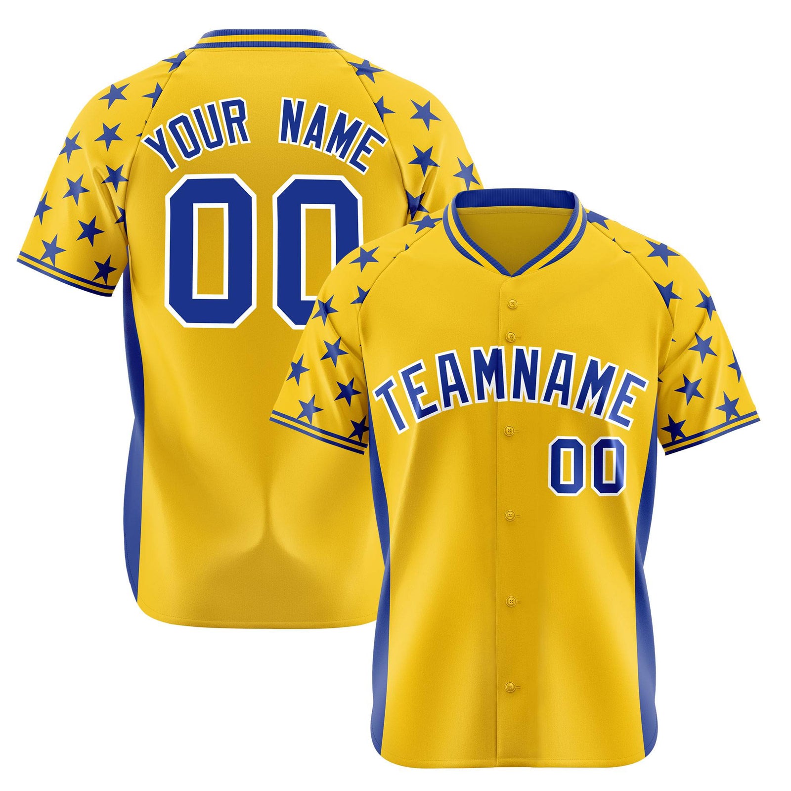 Custom Gold Royal Blue Gradient Side Personalized Star Pattern Authentic Baseball Jersey