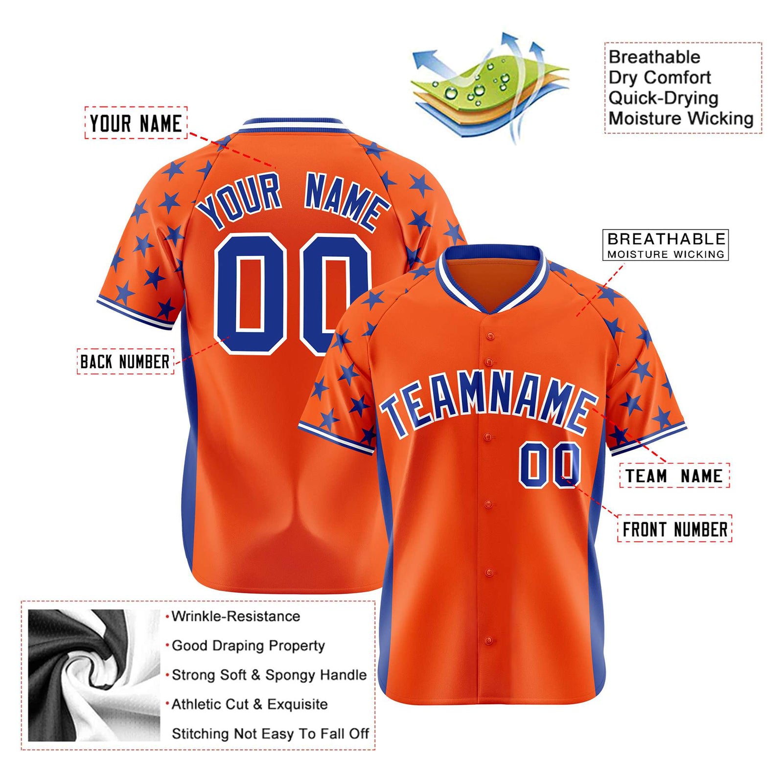 Custom Orange Royal Blue Gradient Side Personalized Star Pattern Authentic Baseball Jersey