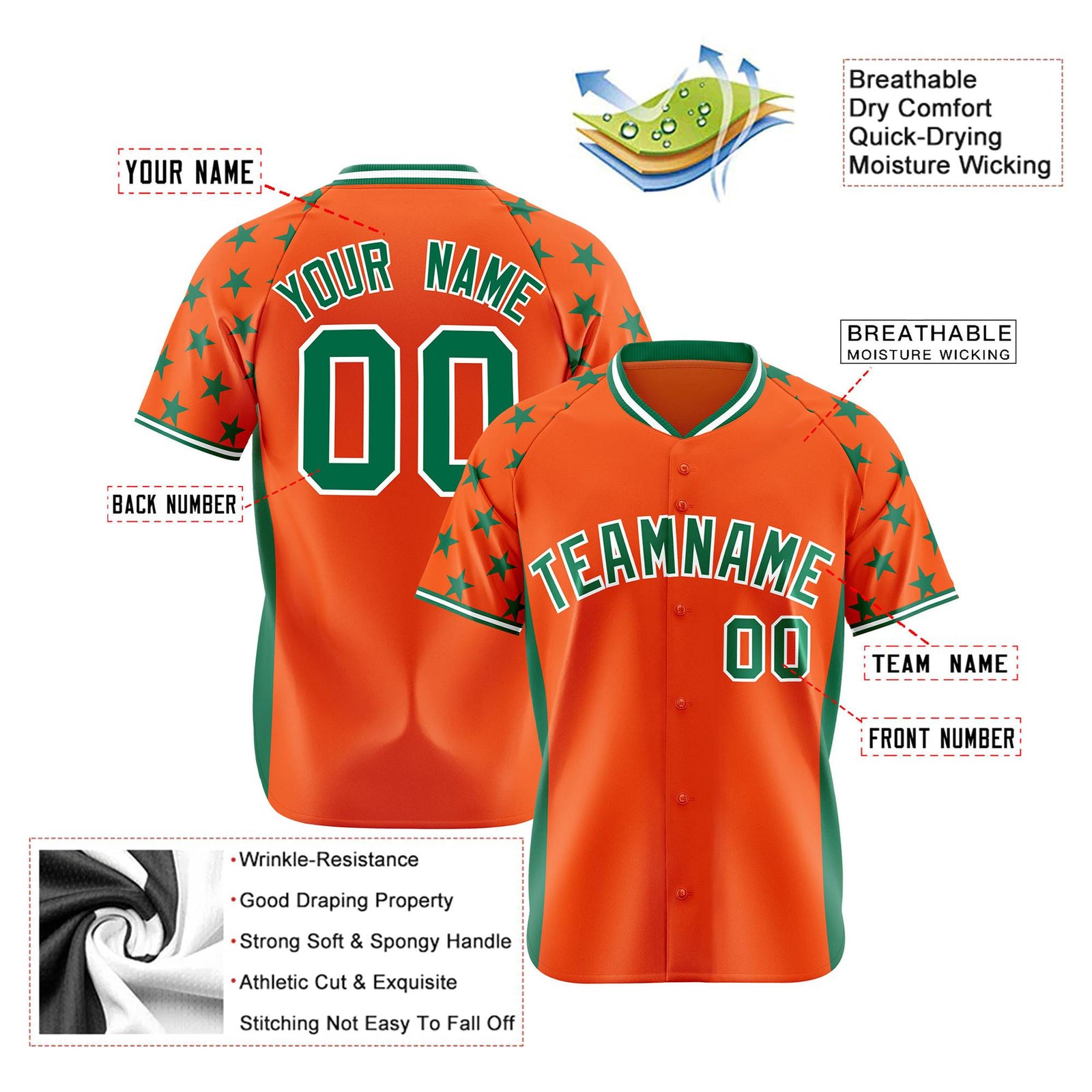 Custom Orange Kelly Green Gradient Side Personalized Star Pattern Authentic Baseball Jersey