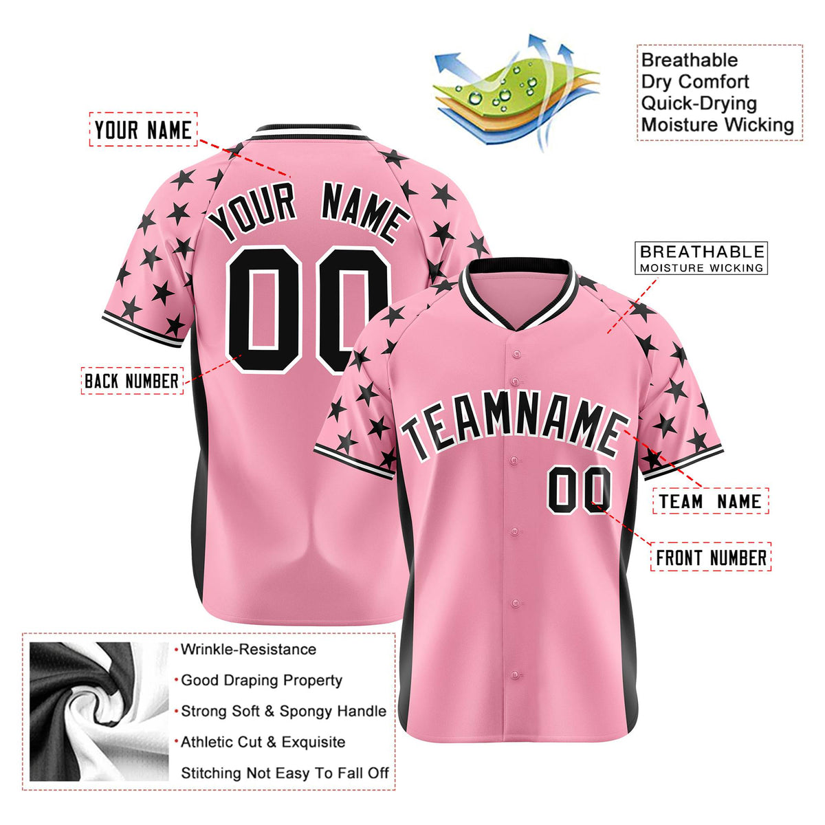 Custom Light Pink Black Gradient Side Personalized Star Pattern Authentic Baseball Jersey