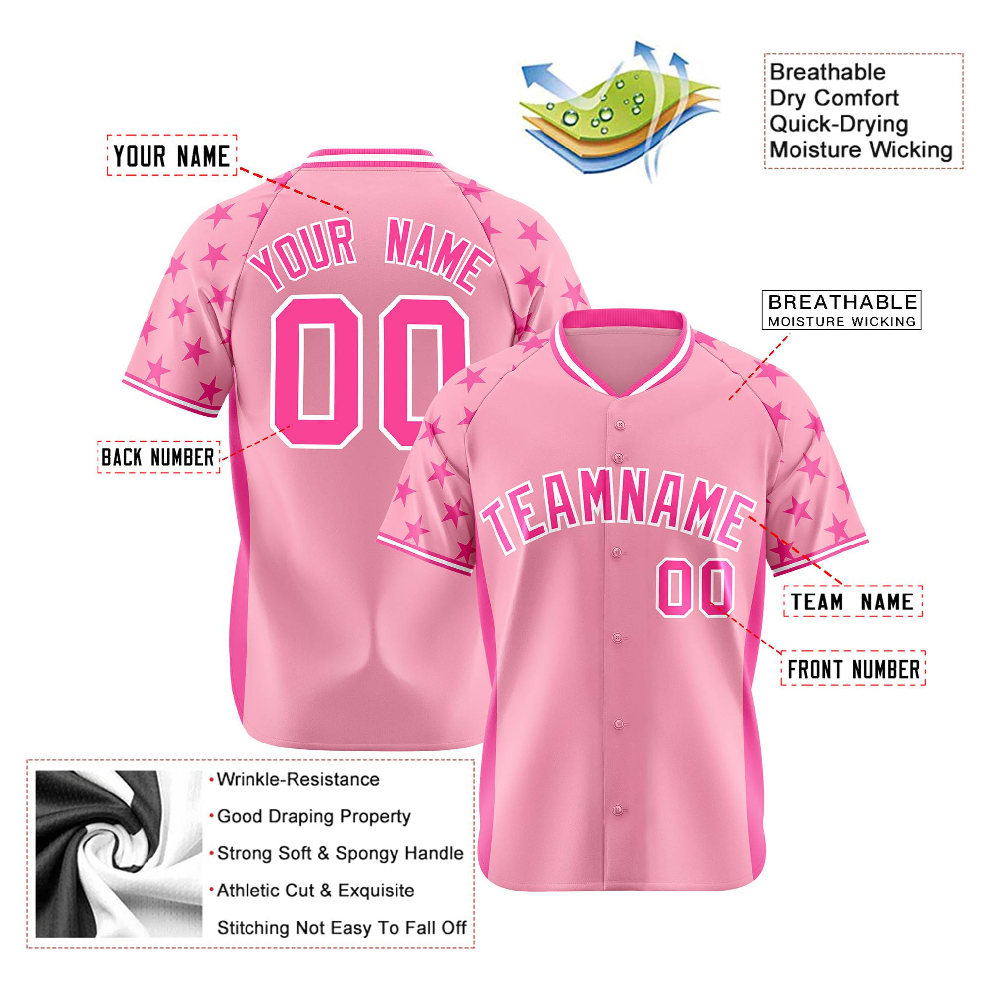 Custom Light Pink Pink Gradient Side Personalized Star Pattern Authentic Baseball Jersey