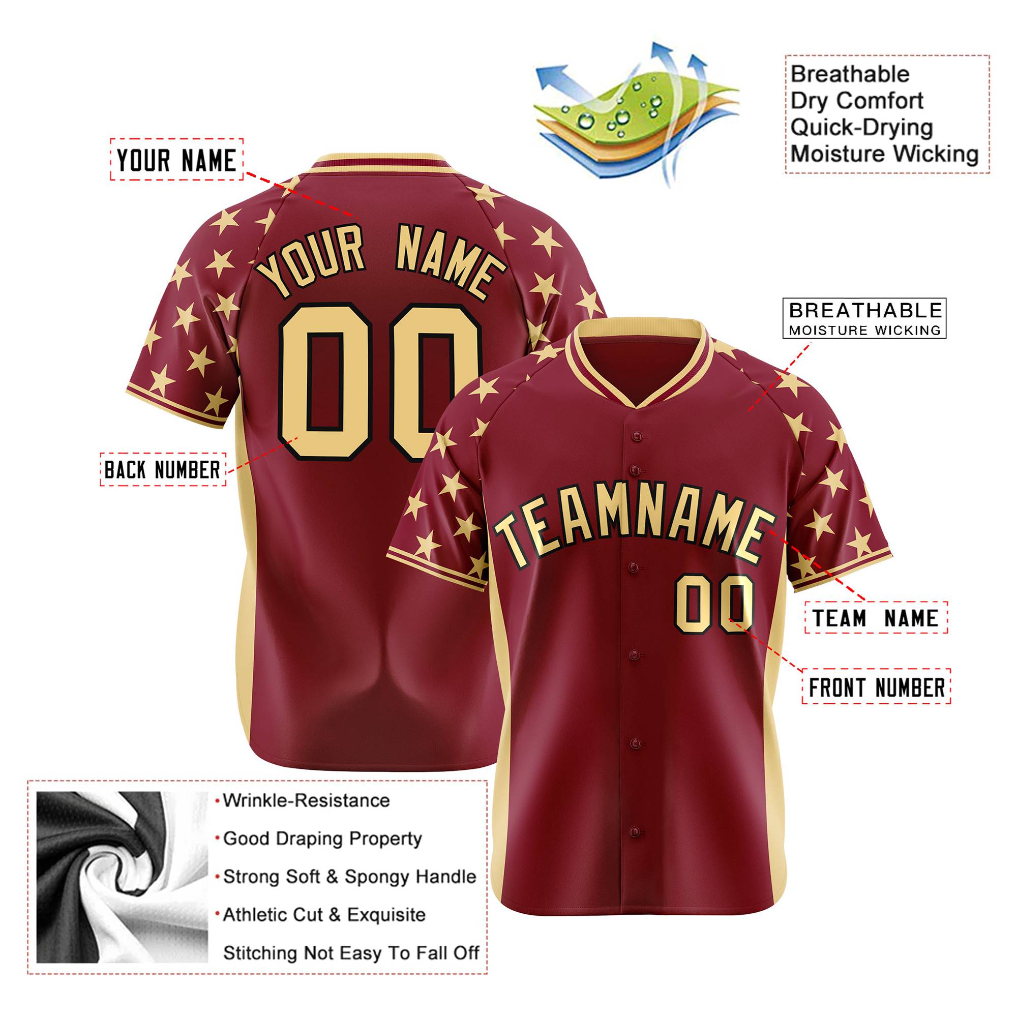 Custom Crimson Khaki Gradient Side Personalized Star Pattern Authentic Baseball Jersey