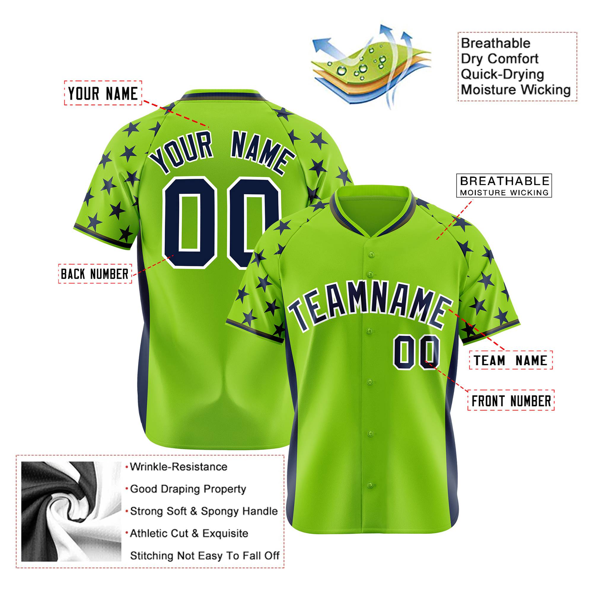 Custom Neon Green Navy Gradient Side Personalized Star Pattern Authentic Baseball Jersey