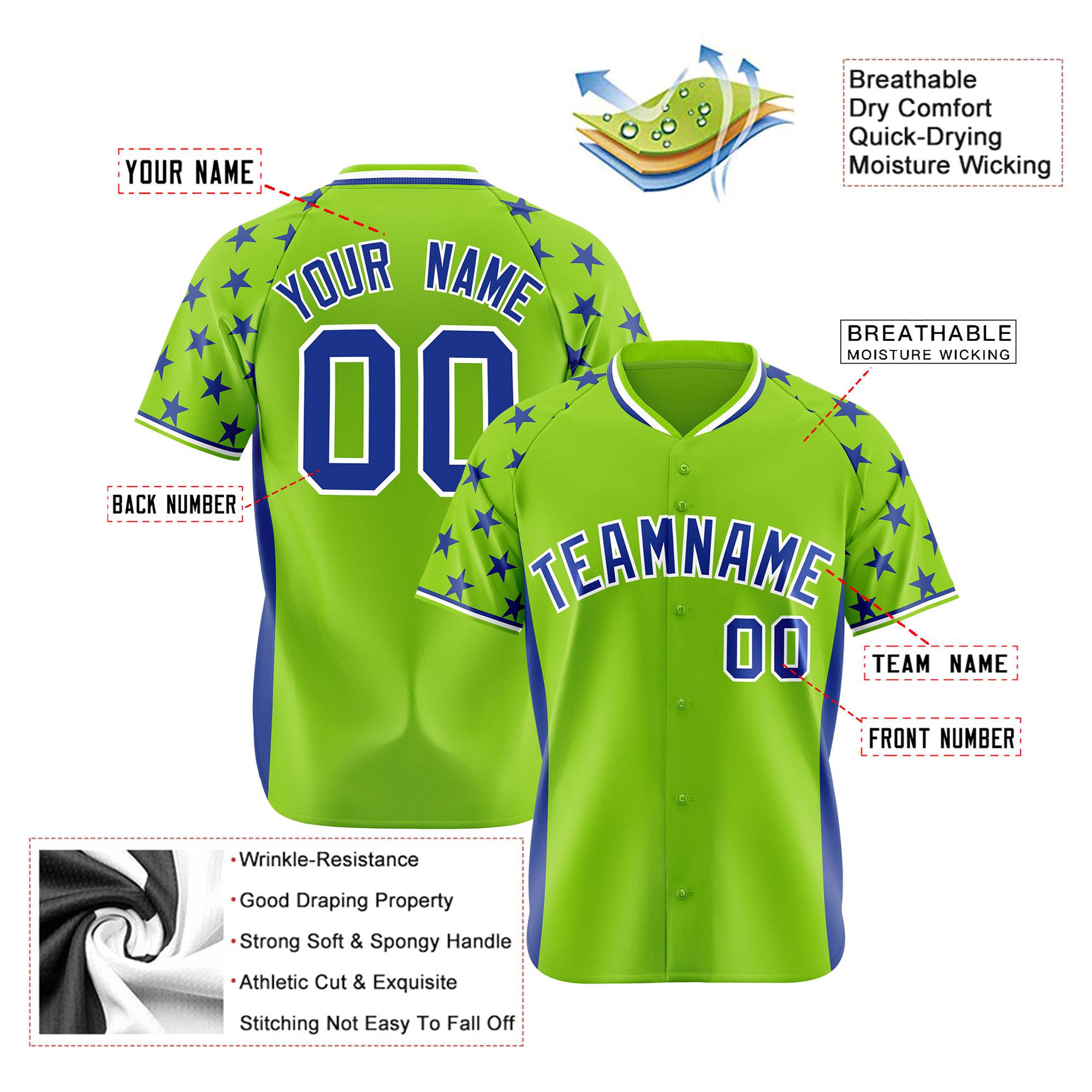 Custom Neon Green Royal Blue Gradient Side Personalized Star Pattern Authentic Baseball Jersey