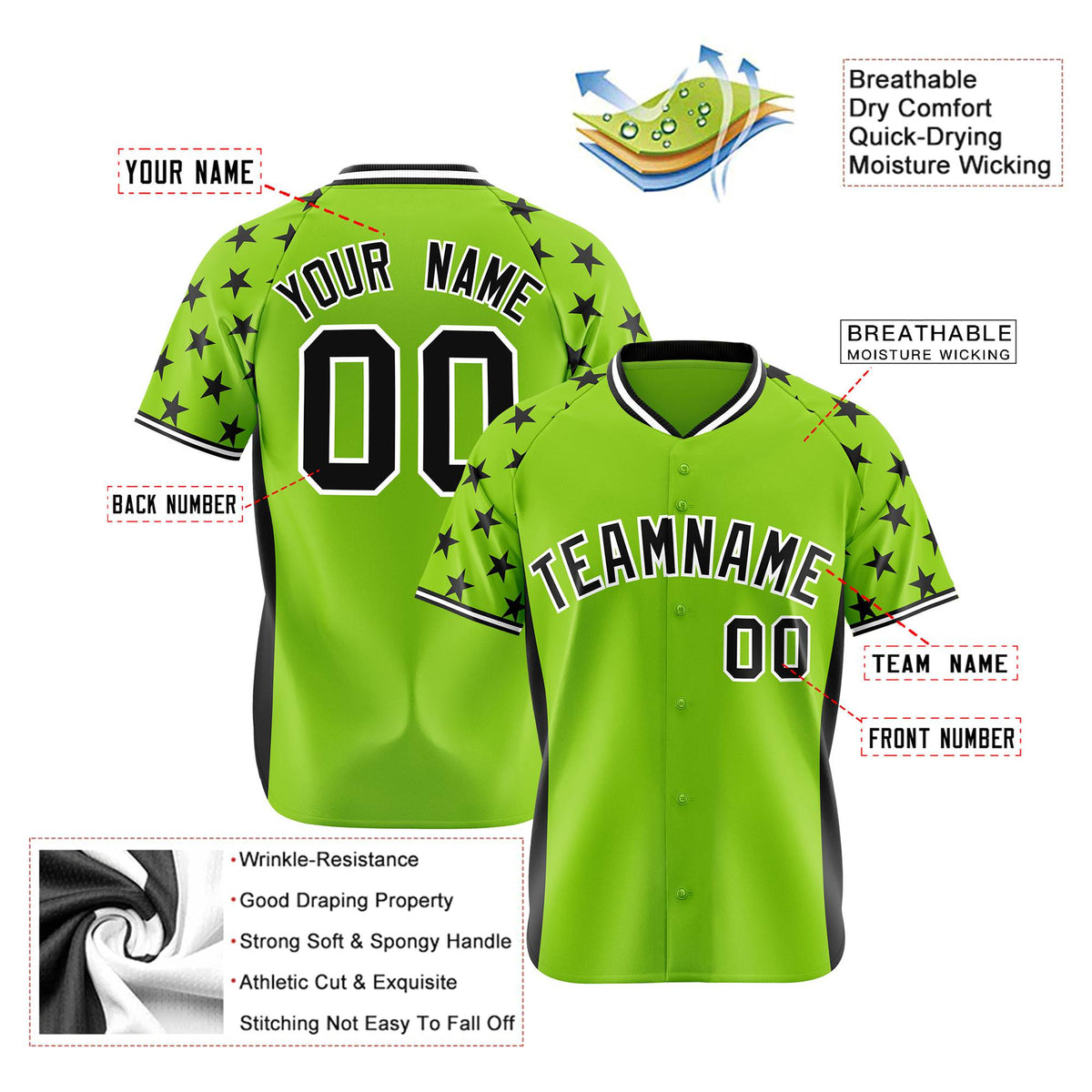 Custom Neon Green Black Gradient Side Personalized Star Pattern Authentic Baseball Jersey