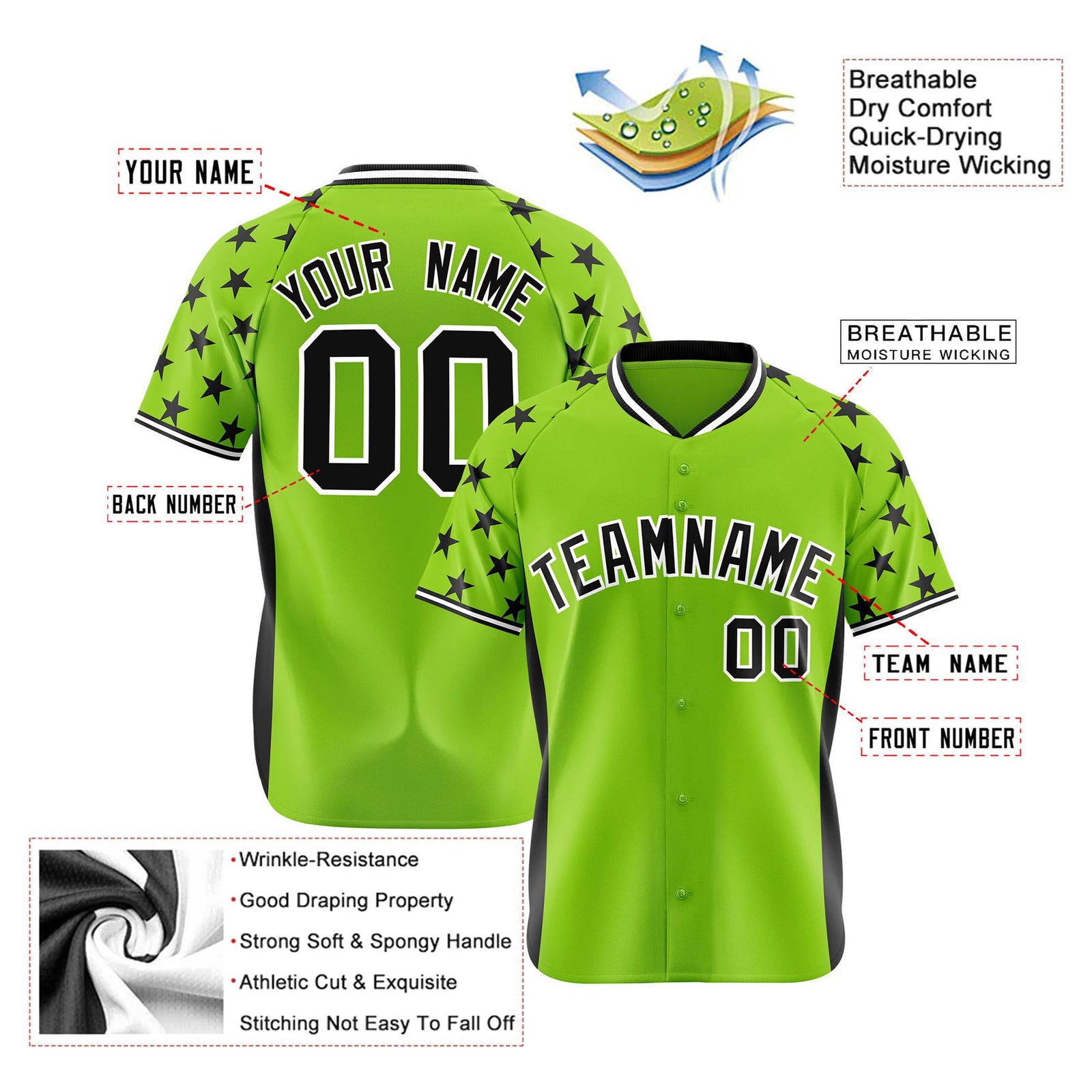 Custom Neon Green Black Gradient Side Personalized Star Pattern Authentic Baseball Jersey
