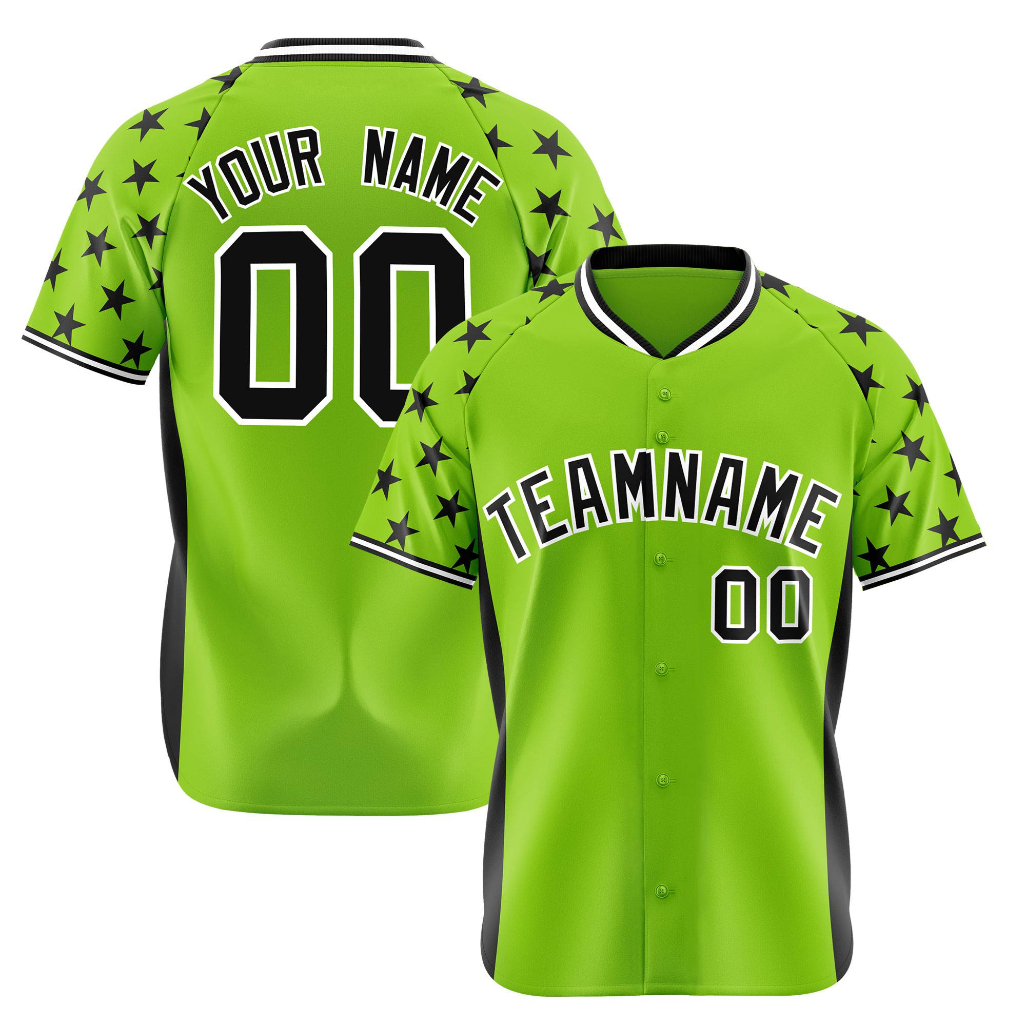 Custom Neon Green Black Gradient Side Personalized Star Pattern Authentic Baseball Jersey