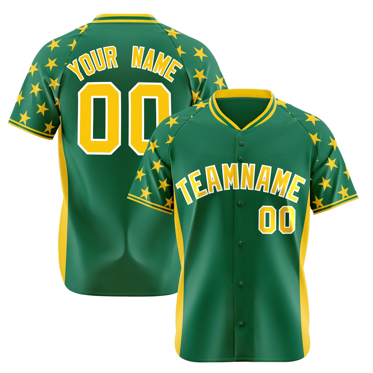 Custom Kelly Green Gold Gradient Side Personalized Star Pattern Authentic Baseball Jersey