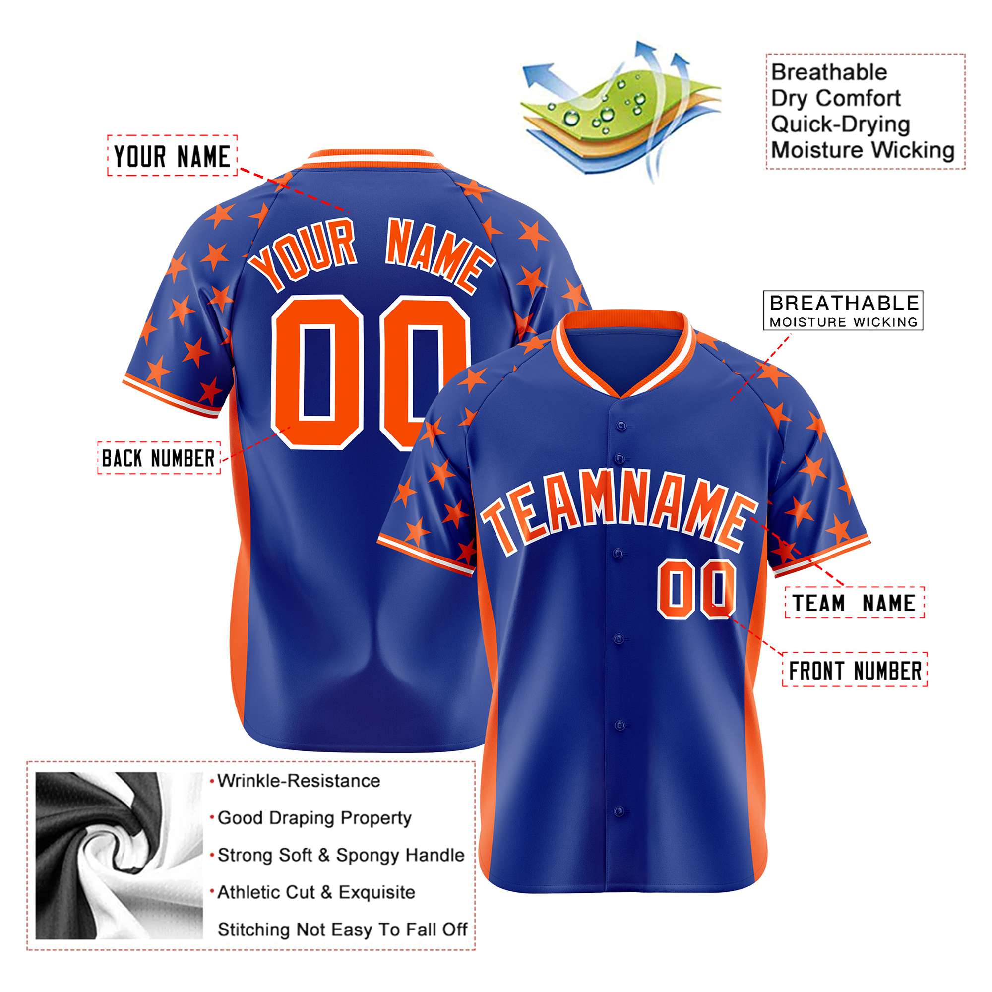 Custom Royal Blue Orange Gradient Side Personalized Star Pattern Authentic Baseball Jersey