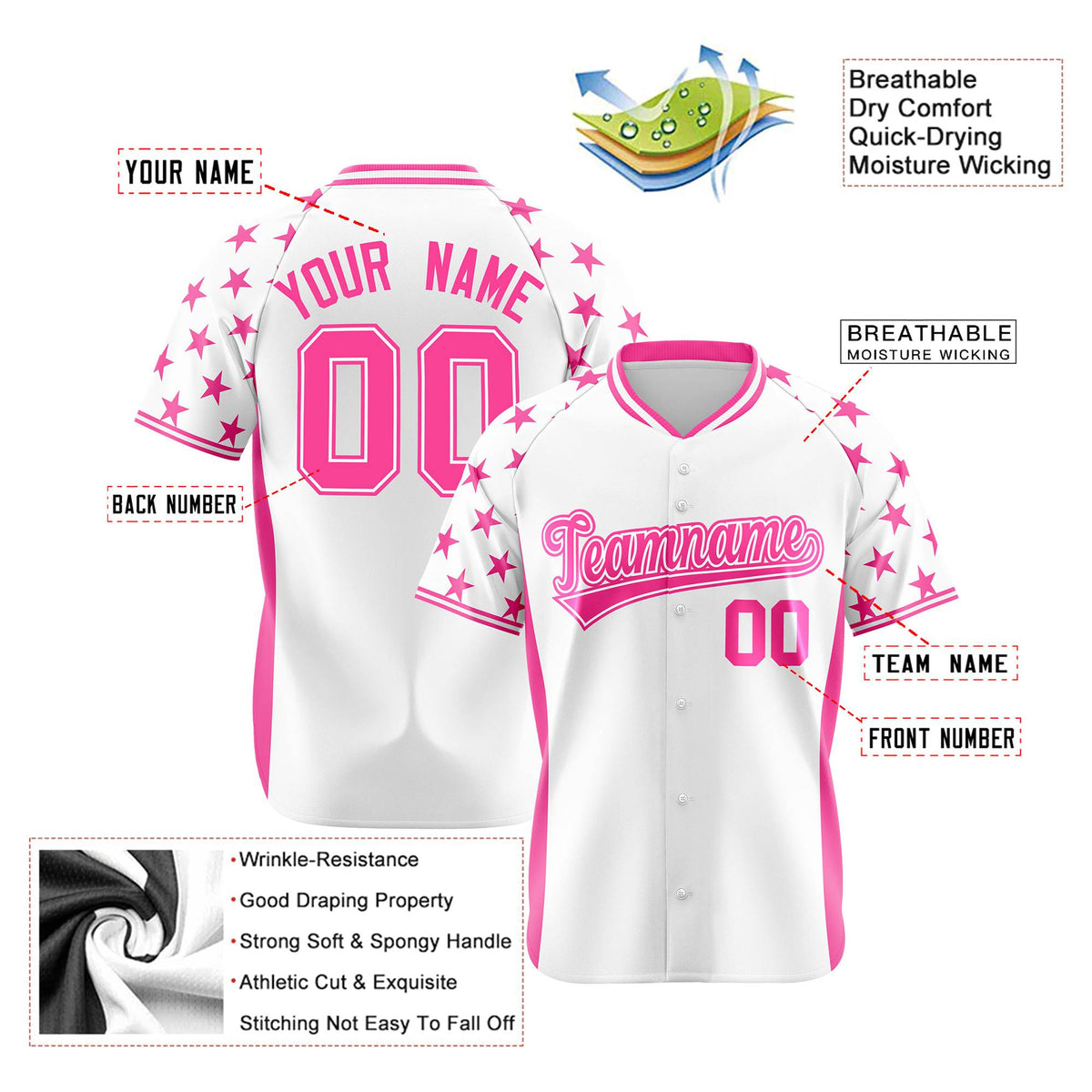 Custom White Pink Gradient Side Personalized Star Pattern Authentic Baseball Jersey