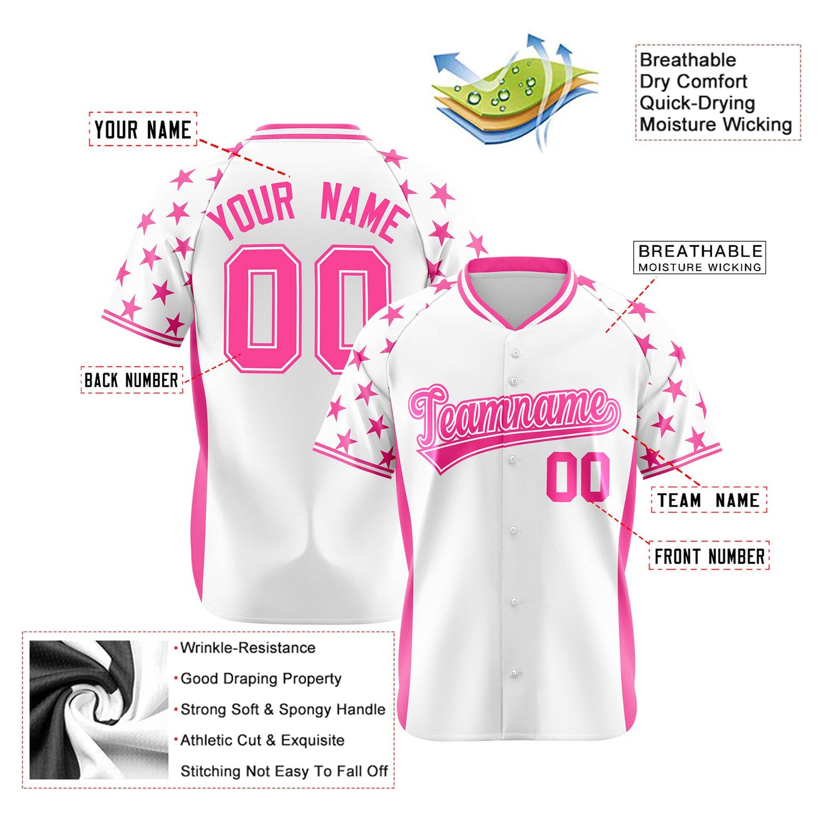 Custom White Pink Gradient Side Personalized Star Pattern Authentic Baseball Jersey