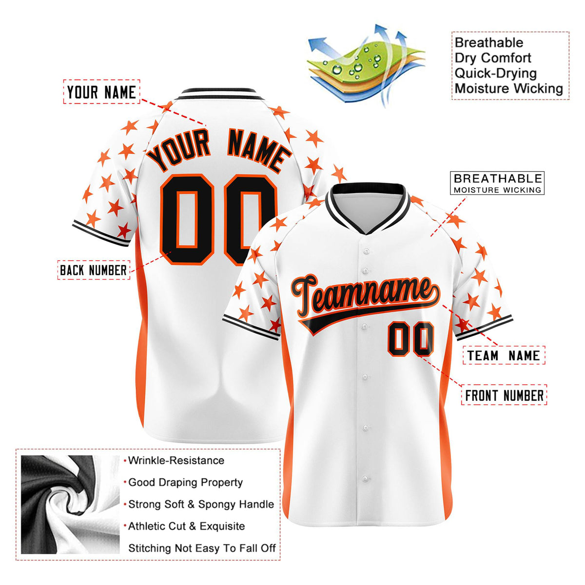 Custom White Orange Gradient Side Personalized Star Pattern Authentic Baseball Jersey