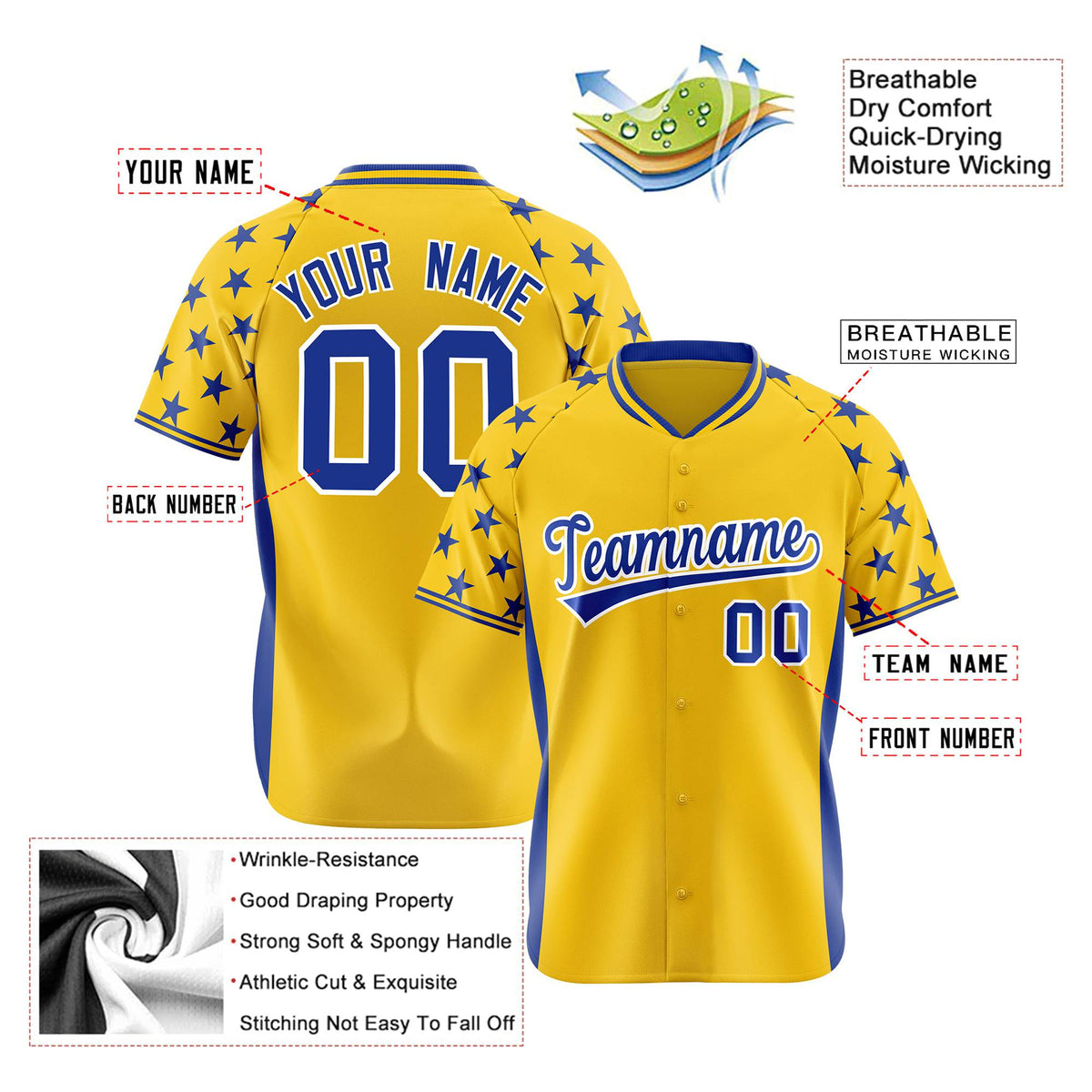 Custom Gold Royal Blue Gradient Side Personalized Star Pattern Authentic Baseball Jersey