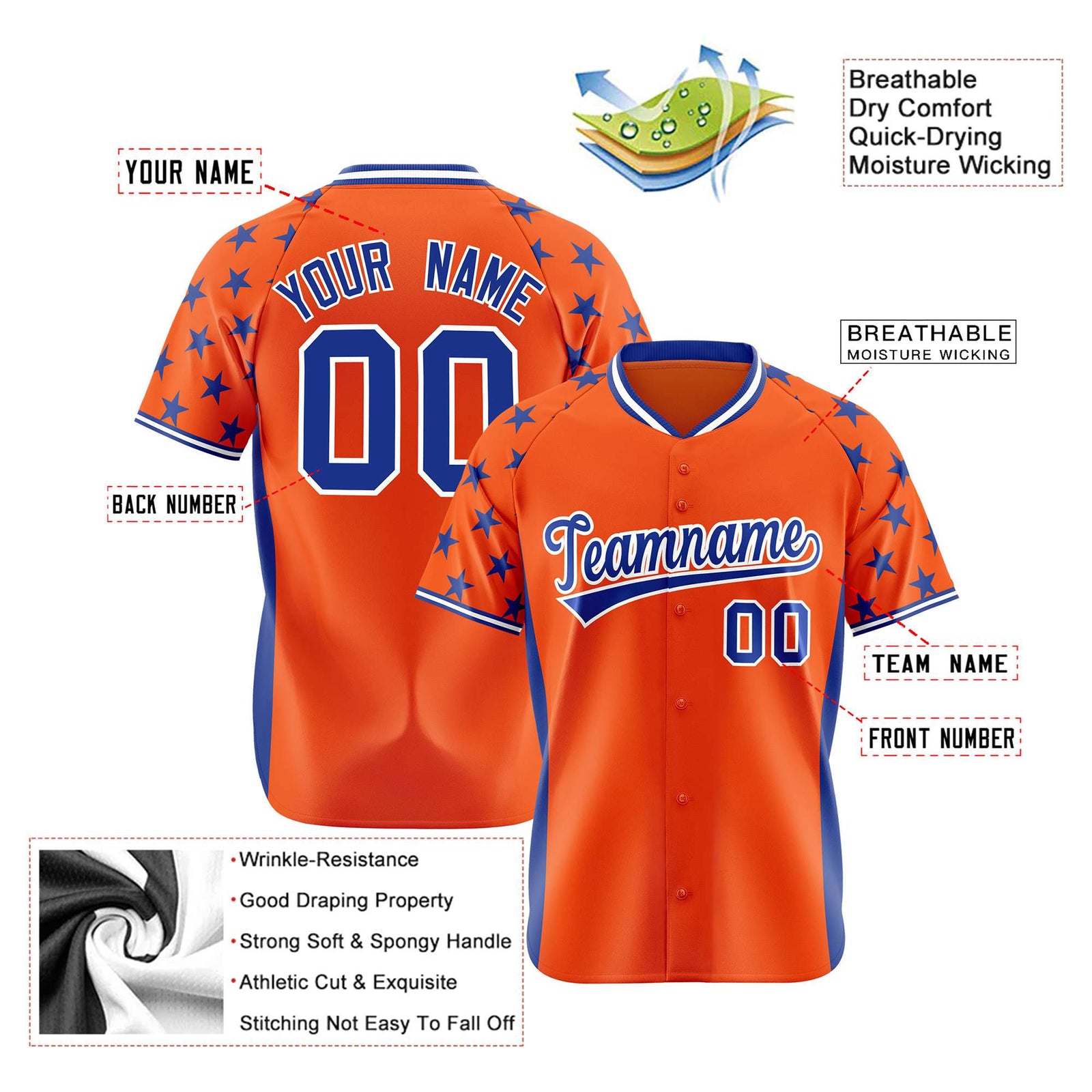 Custom Orange Royal Blue Gradient Side Personalized Star Pattern Authentic Baseball Jersey