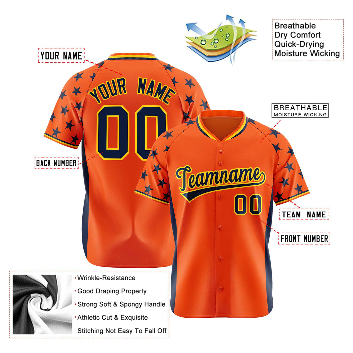 Custom Orange Navy Gradient Side Personalized Star Pattern Authentic Baseball Jersey