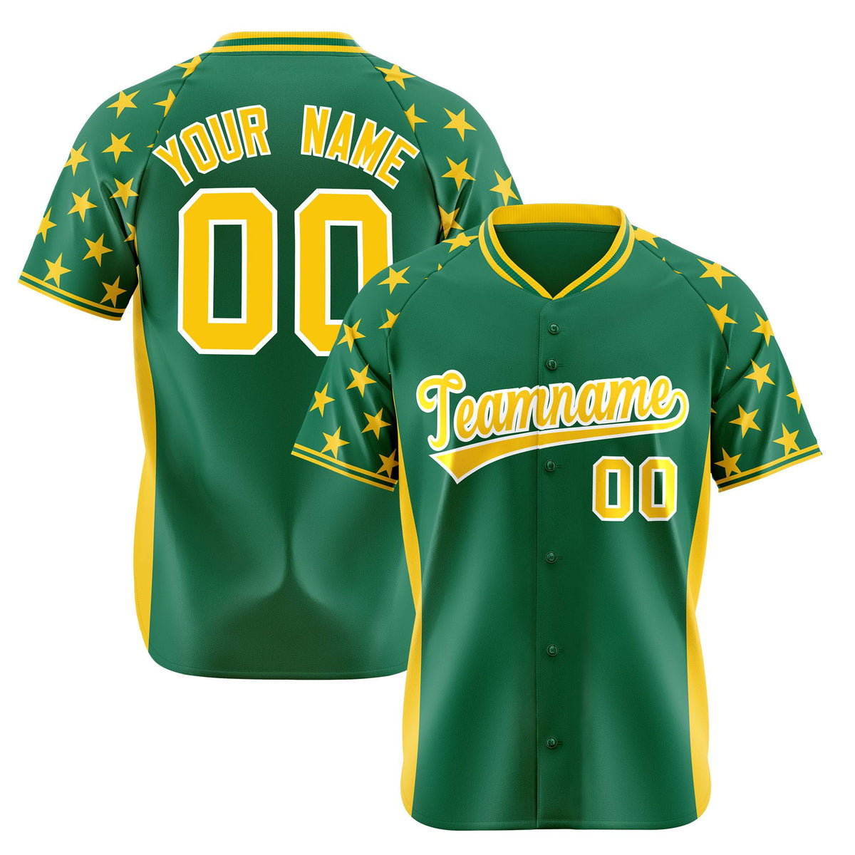 Custom Kelly Green Gold Gradient Side Personalized Star Pattern Authentic Baseball Jersey