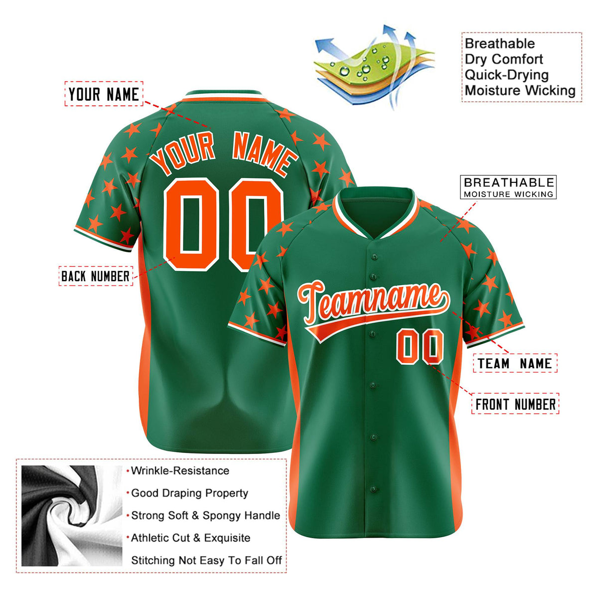 Custom Kelly Green Orange Gradient Side Personalized Star Pattern Authentic Baseball Jersey
