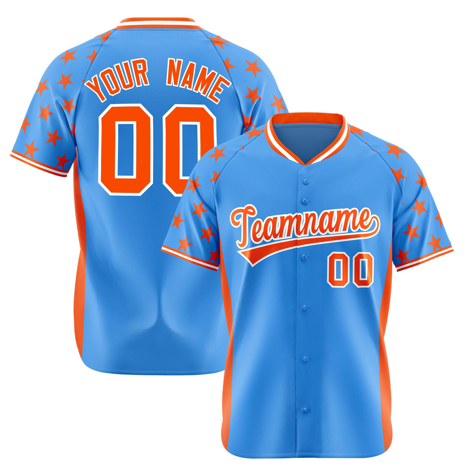 Custom Powder Blue Orange Gradient Side Personalized Star Pattern Authentic Baseball Jersey