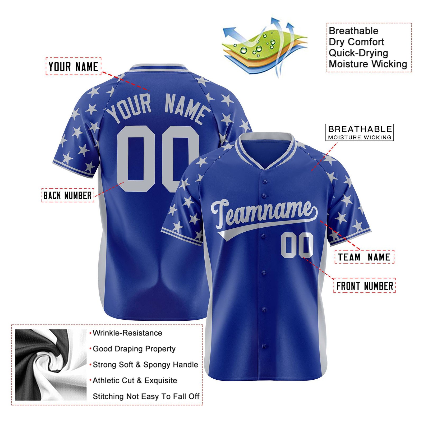 Custom Royal Blue Gray Gradient Side Personalized Star Pattern Authentic Baseball Jersey