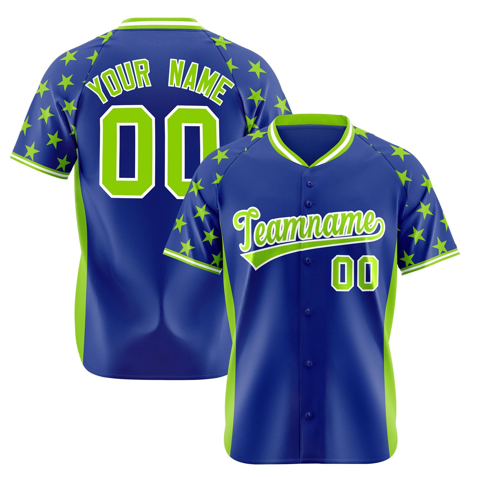 Custom Royal Blue Neon Green Gradient Side Personalized Star Pattern Authentic Baseball Jersey