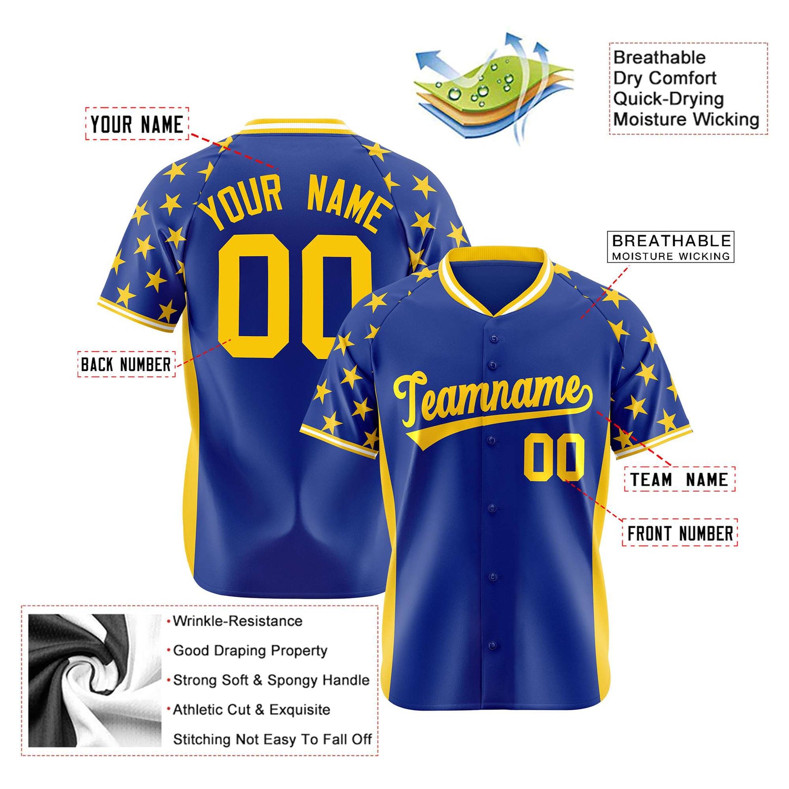 Custom Royal Blue Gold Gradient Side Personalized Star Pattern Authentic Baseball Jersey