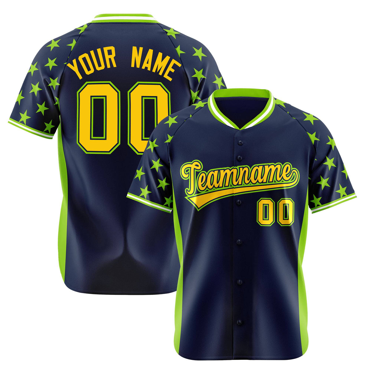 Custom Navy Neon Green Gradient Side Personalized Star Pattern Authentic Baseball Jersey