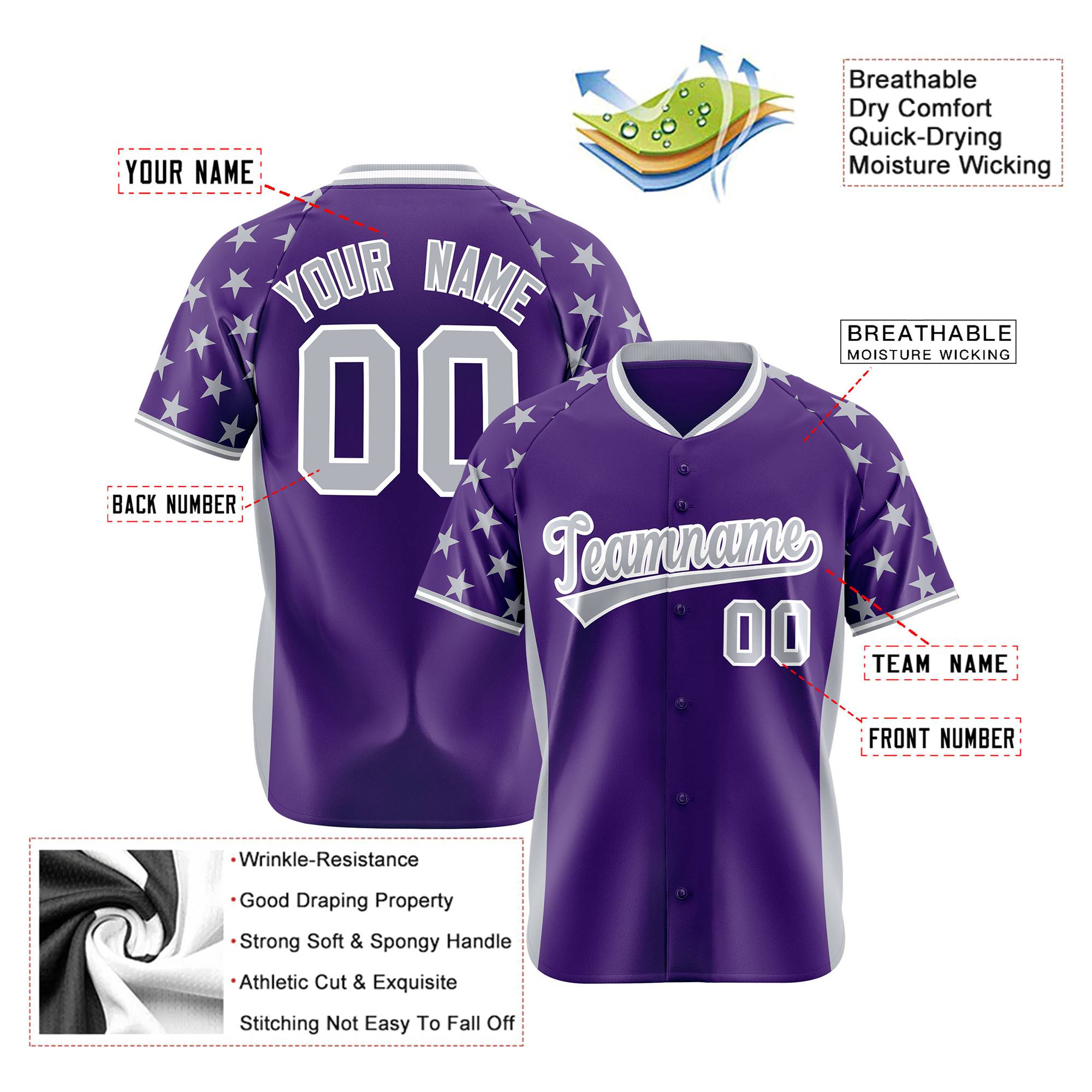 Custom Purple Gray Gradient Side Personalized Star Pattern Authentic Baseball Jersey