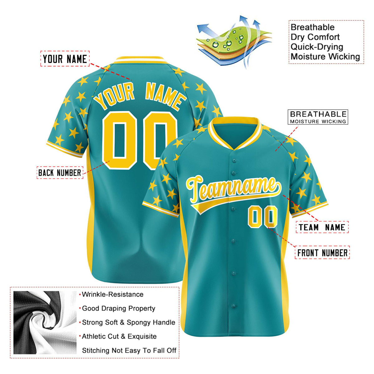 Custom Aqua Gold Gradient Side Personalized Star Pattern Authentic Baseball Jersey